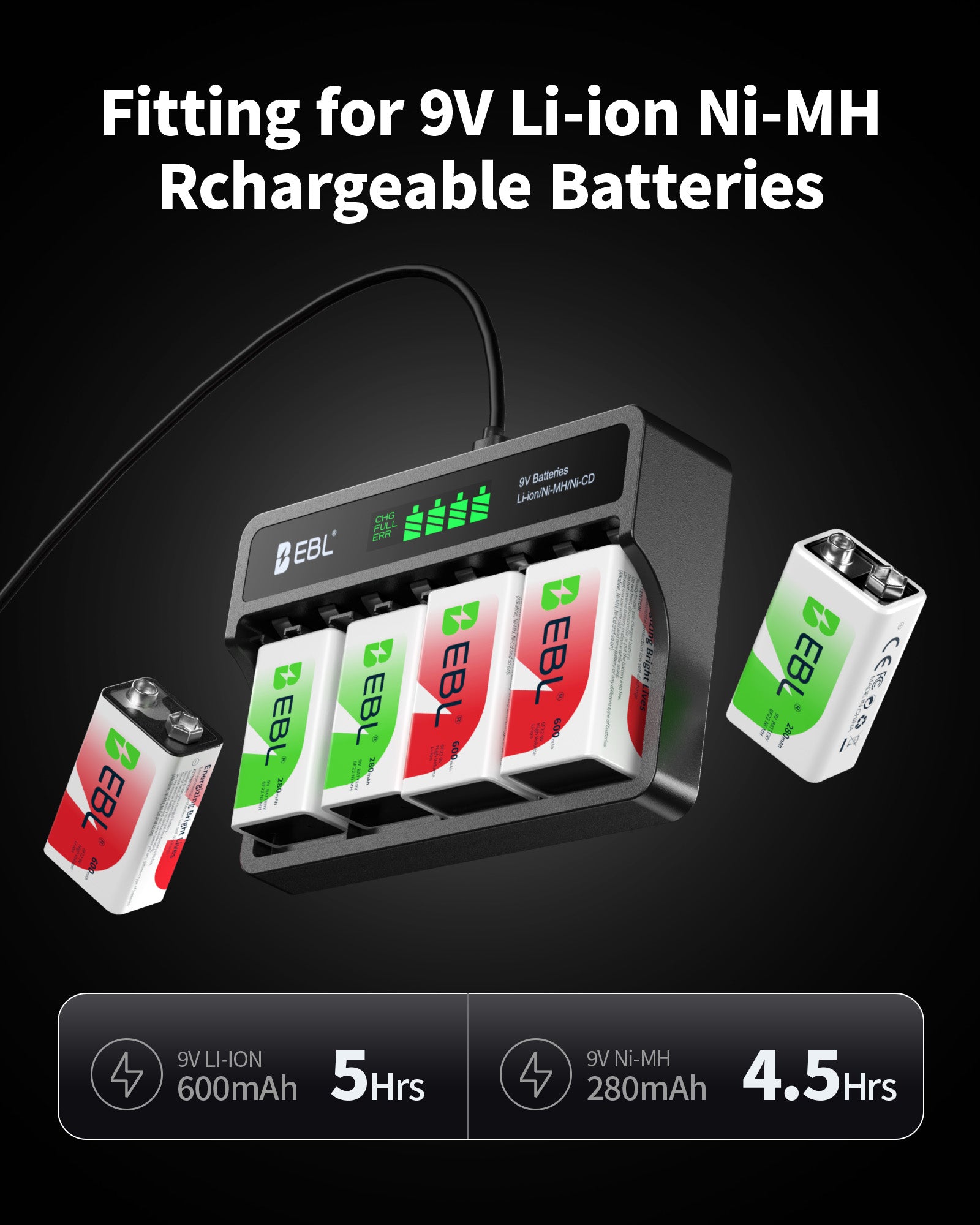EBL 4 Packs 9V Ni-Mh/Li-Ion Batteries with M7015 Battery Charger
