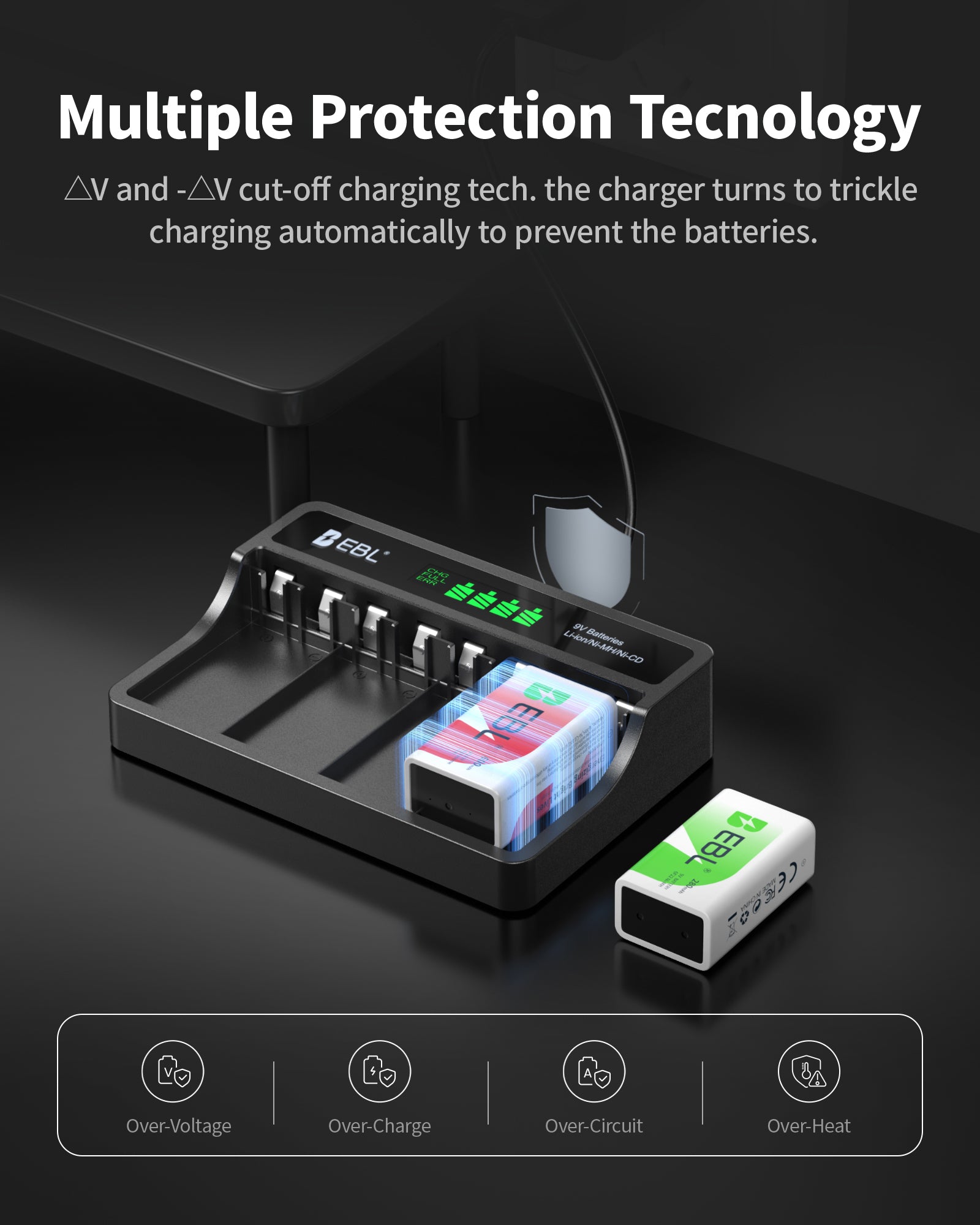 EBL 4 Packs 9V Ni-Mh/Li-Ion Batteries with M7015 Battery Charger