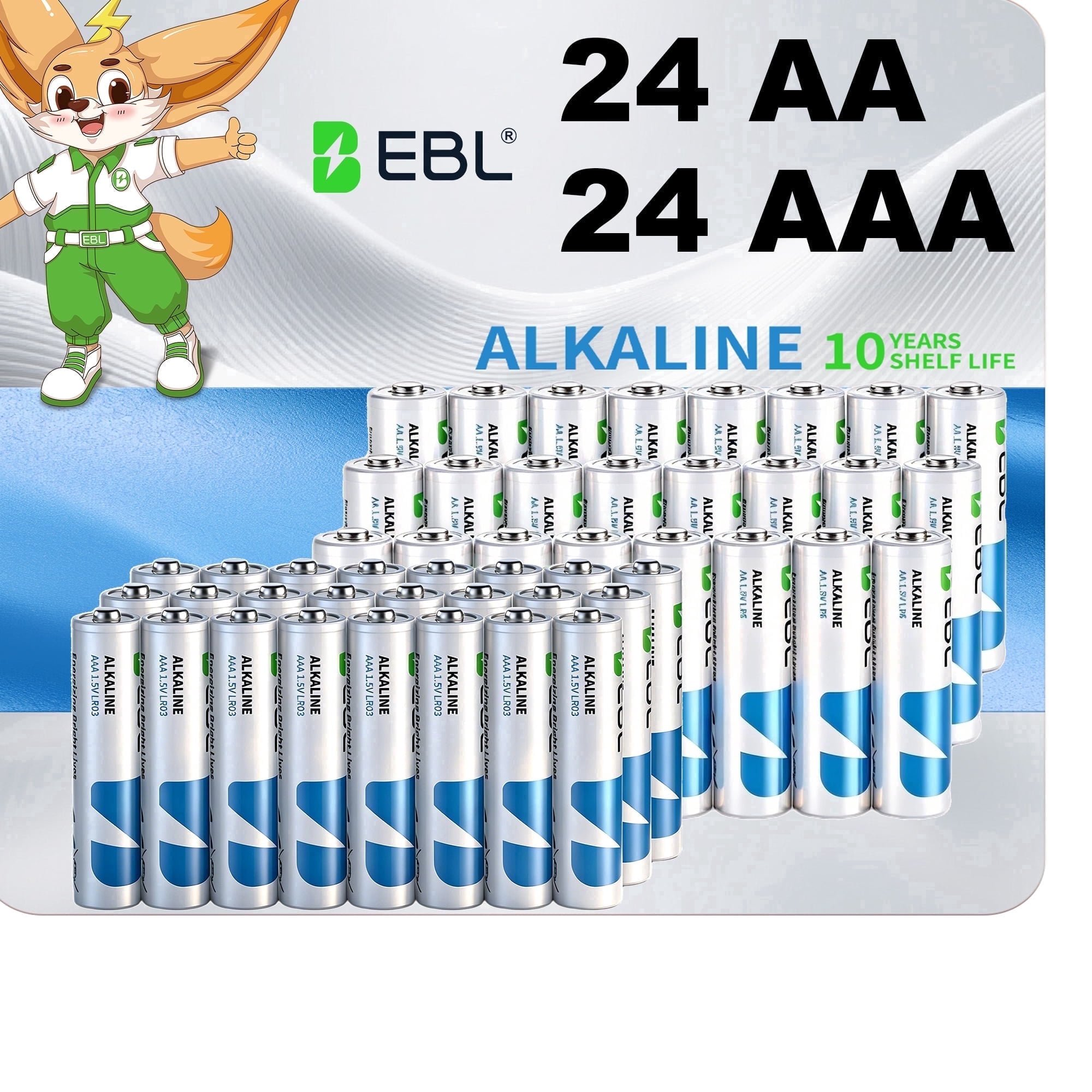 EBL AA & AAA Batteries Combo Pack, 48-Count Pack (24 Double A & 24 Triple A), 1.5V Alkaline Batteries, Long-Lasting High Energy Leak-Proof Batteries for Household and Business