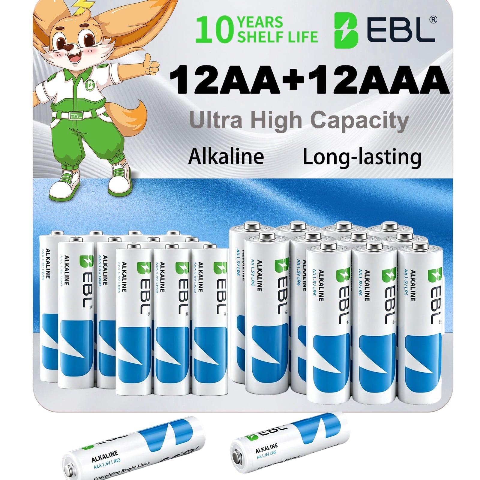 EBL AA & AAA Alkaline Batteries, 24 Pack(12 Double A + 12 Triple A), 1.5V Long Lasting Power, Ultra High Capacity, 10 Year Shelf Life, Zero Leakage Household Batteries
