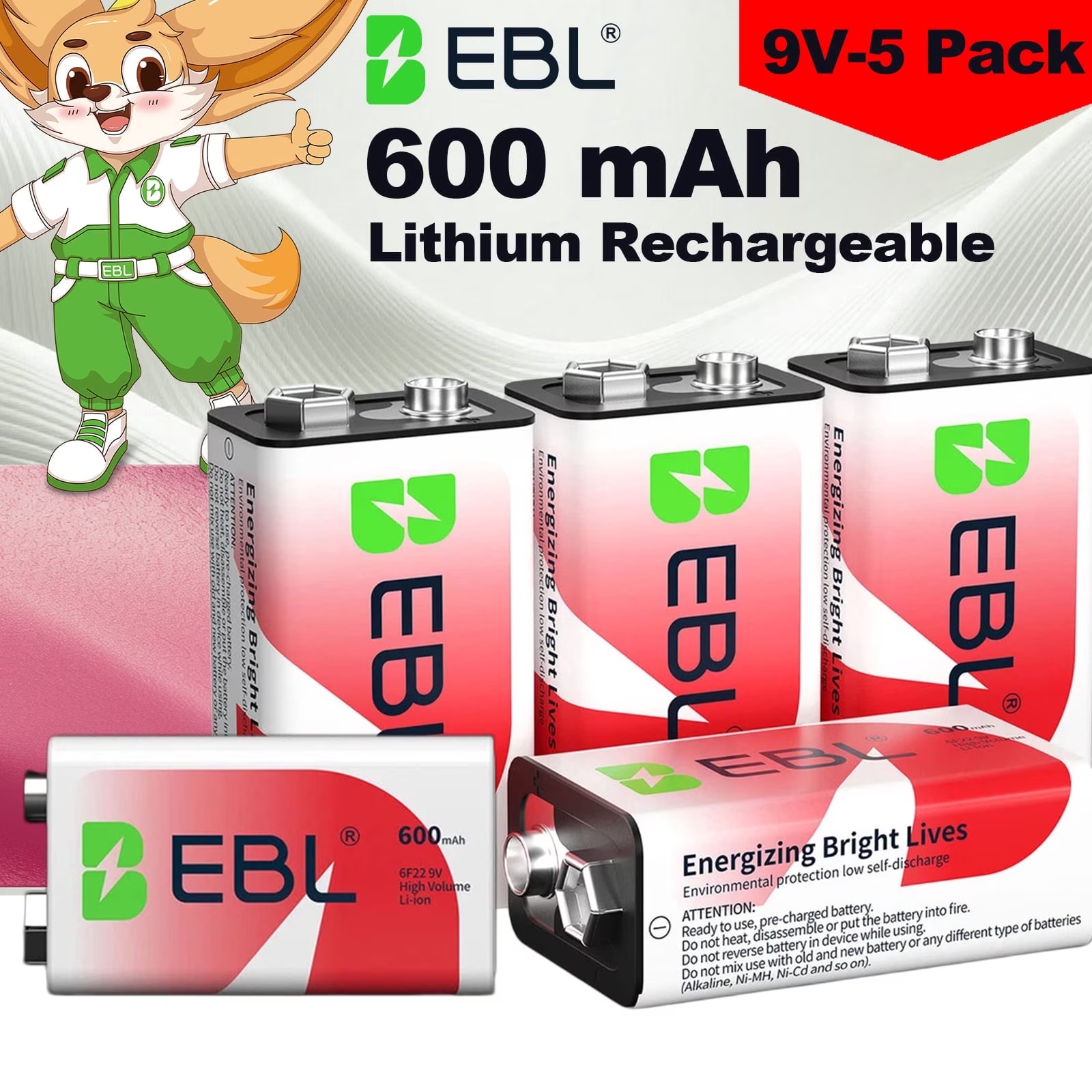 EBL Lithium 9V Rechargeable Batteries 9 Volt 600mAh Li-ion Batteries (5 Packs)