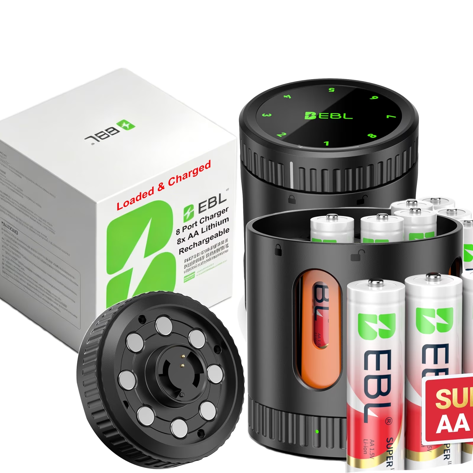 EBL 8 Dock Charger + 8 Pack 1.5V AA Lithium Rechargeable Battery 3500mWh Li-Ion Batteries with Charger Load and Charged Design