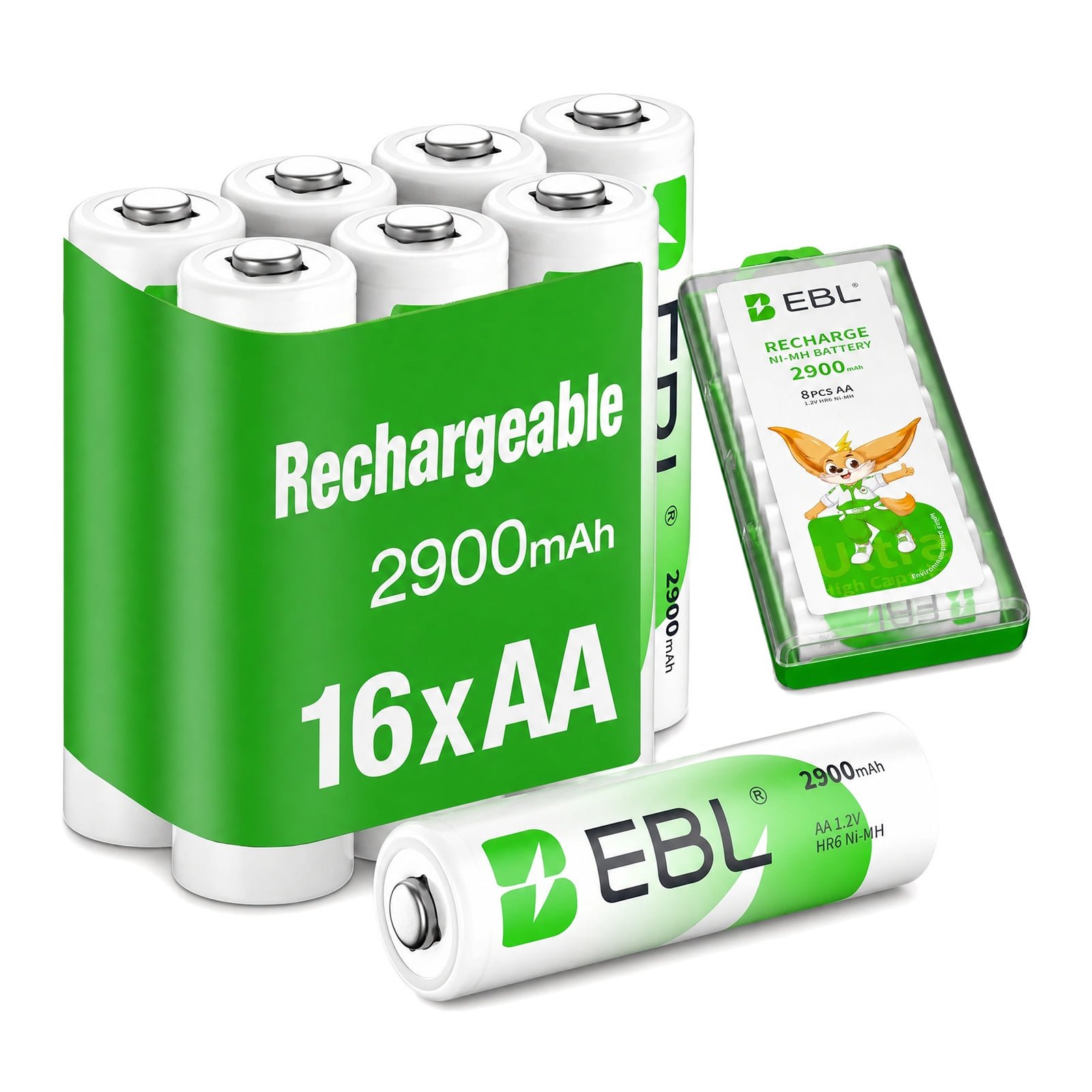 EBL 16 Count AA Rechargeable Batteries, 2900mAh High Capacity Batteries 1.2V NiMH Low Self Discharge Zero Leak Wide Compatible for Household Office Electronics