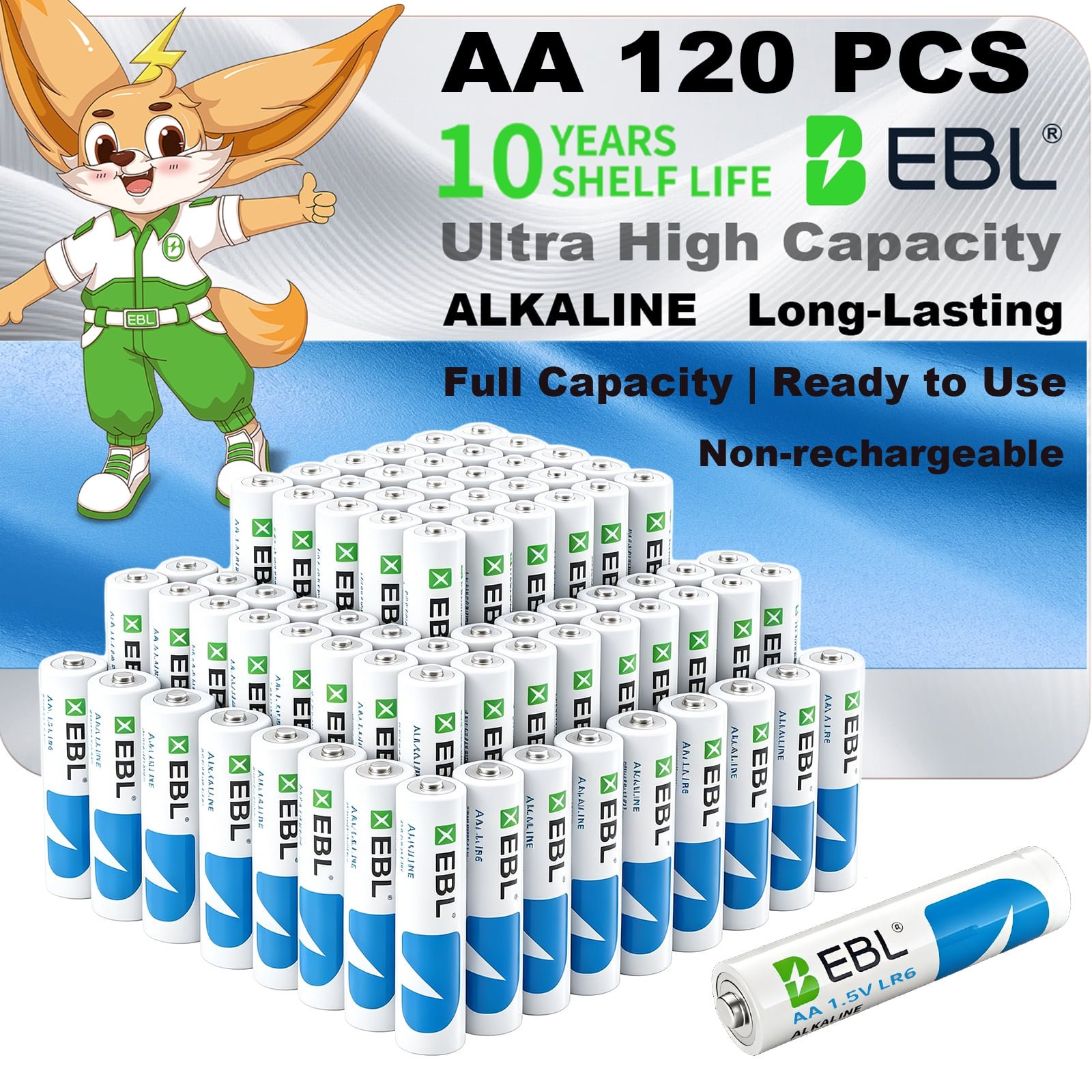 EBL Alkaline AA Batteries Value Pack (120 Pack), 1.5 Volts Long-Lasting Double A Batteries for Business and Household 10 Years Shelf Life Ultra High Capacity Power