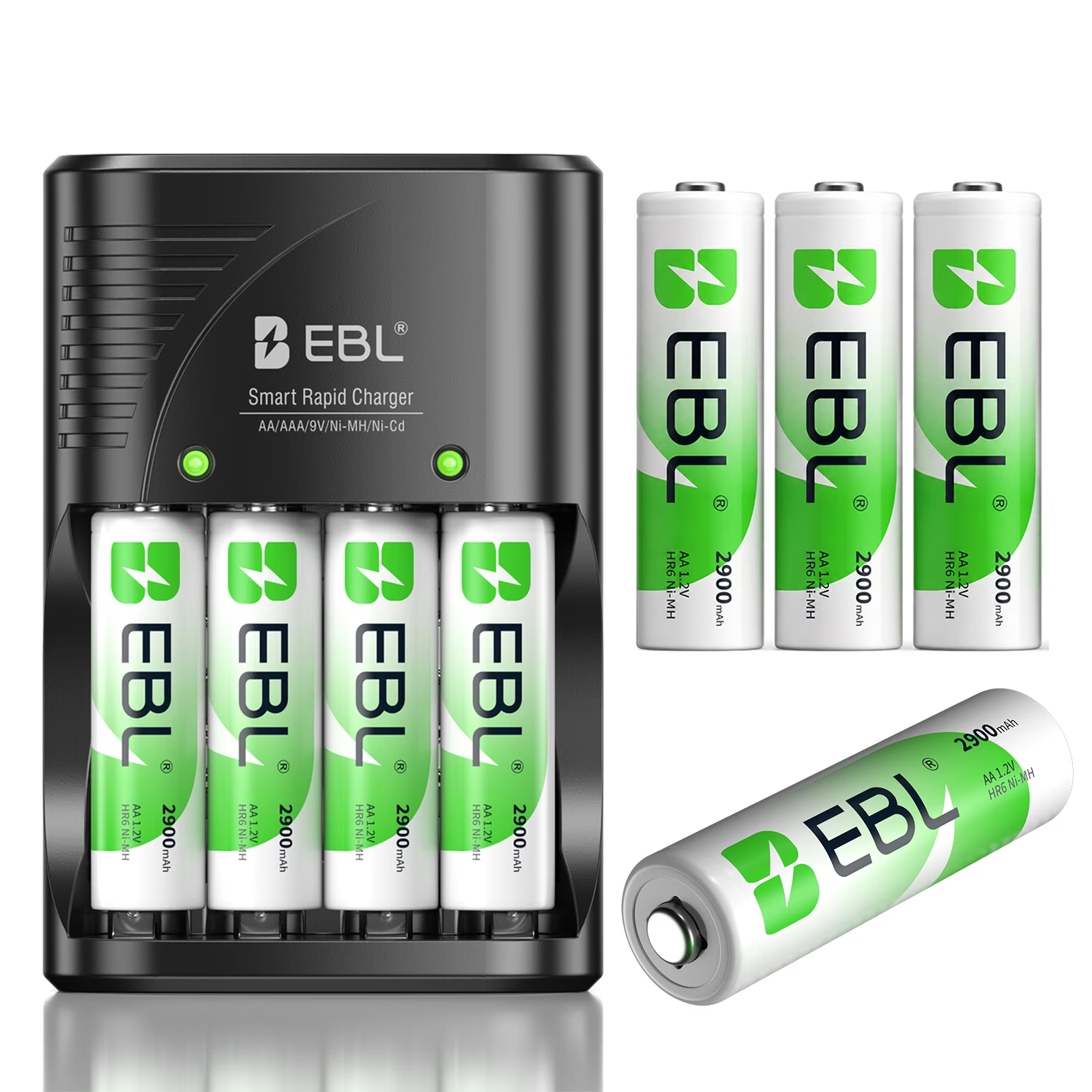 EBL AA Rechargeable Batteries (8 Pack) + Smart Battery Charger for 9V AA AAA NiMH Batteries, Charger and 8 Count Double A Batteries Combo Pack