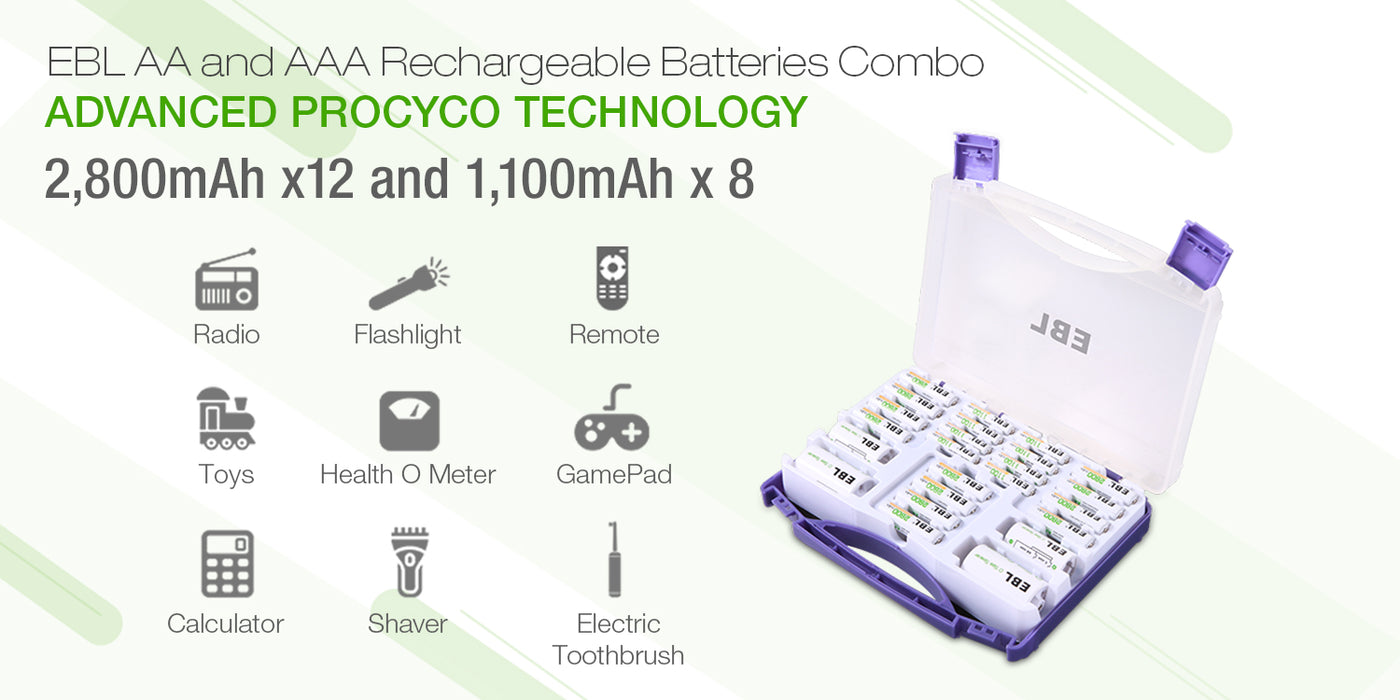 EBL 12Pcs AA 8Pcs AAA Rechargeable Batteries Set With 2Pcs C D Spacer
