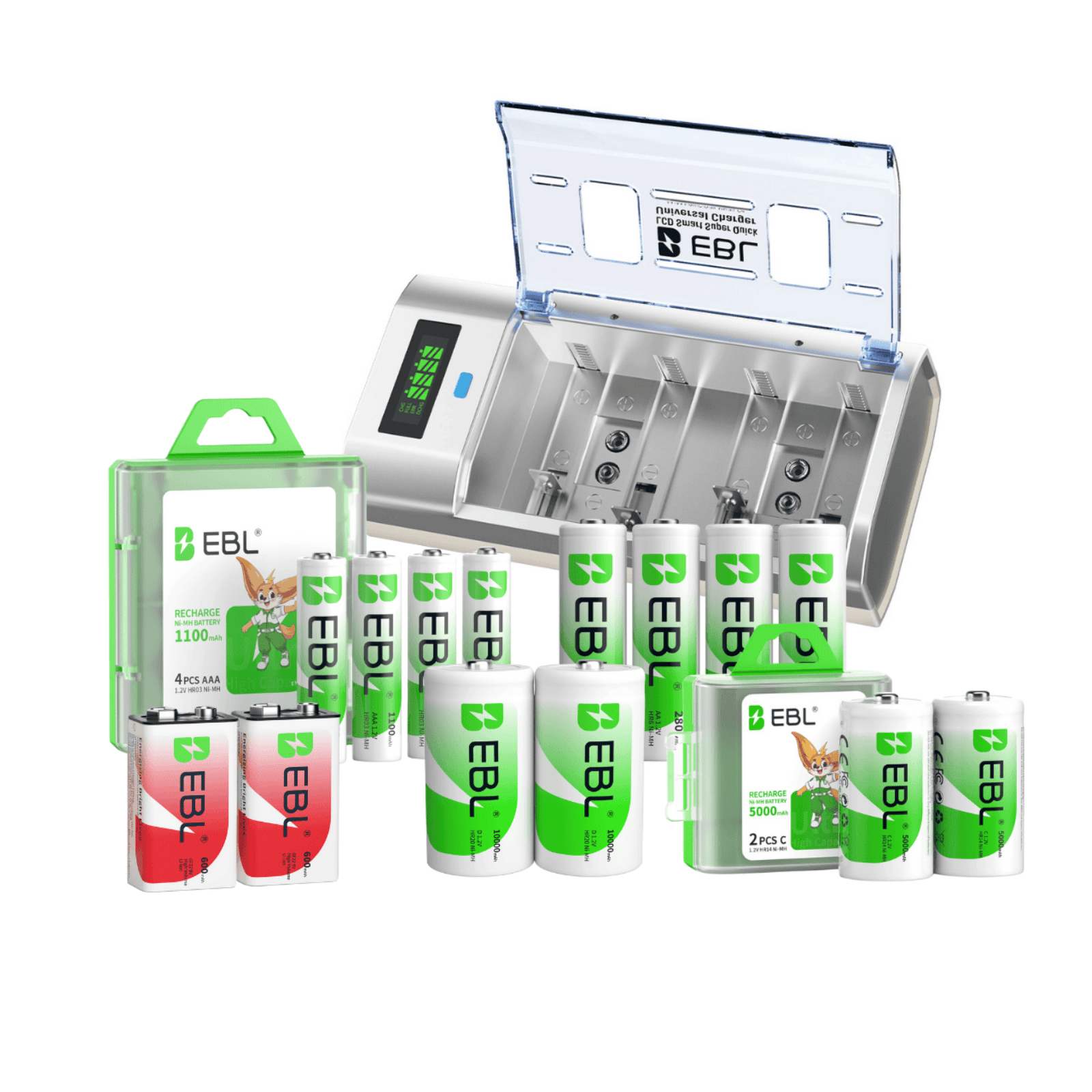 EBL 906 Smart Battery Charger with Rechargeable AA AAA C D 9V Batteries Kit