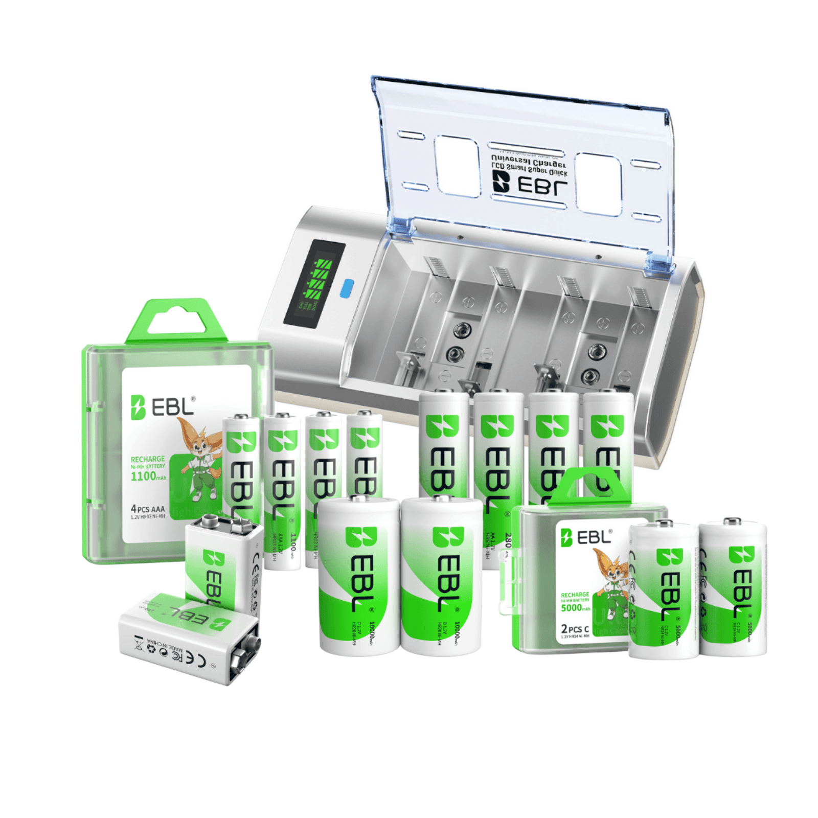 EBL 906 Smart Battery Charger with Rechargeable AA AAA C D 9V Batteries Kit