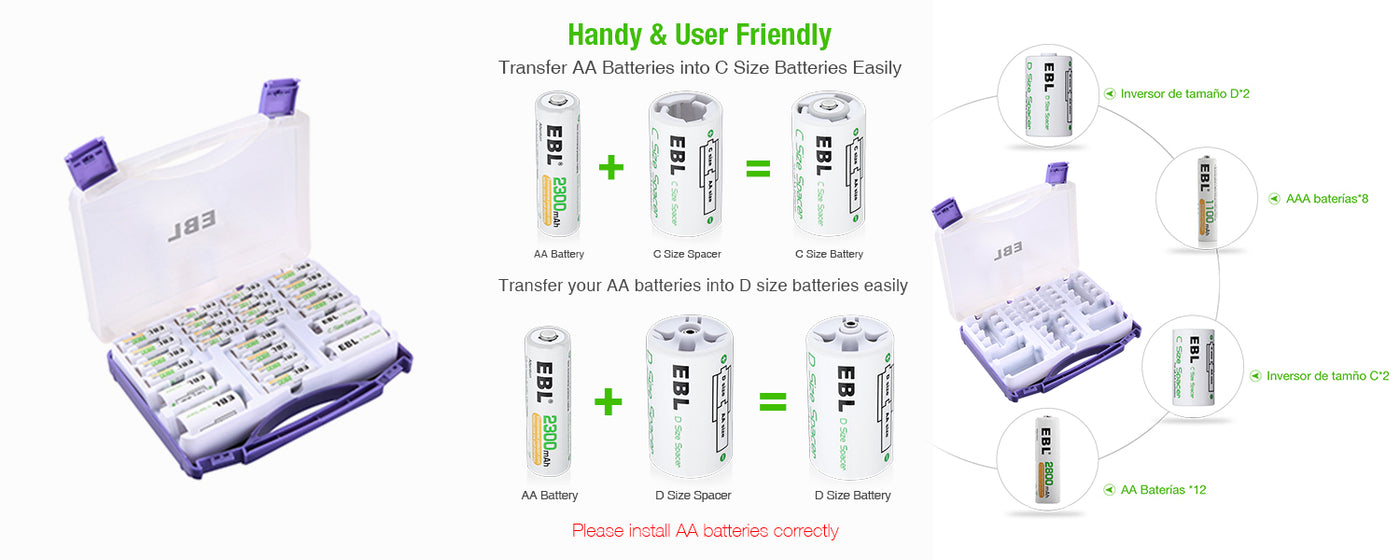 EBL 12Pcs AA 8Pcs AAA Rechargeable Batteries Set With 2Pcs C D Spacer