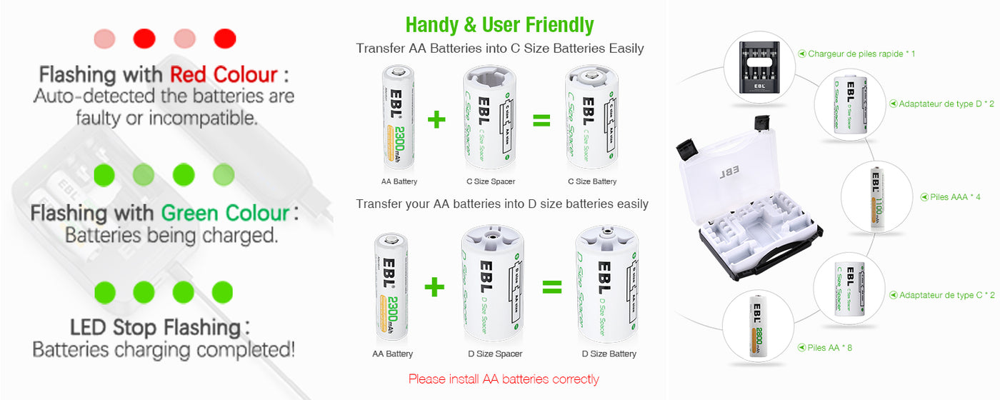 EBL Rechargeable AA AAA C D Spacer Batteries Set With C6201 Battery Charger