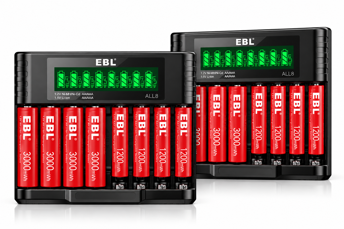 EBL 1.5V Rechargeable Lithium AA AAA Batteries with 8-Bay Charger for Toys, Remotes & Game Controllers