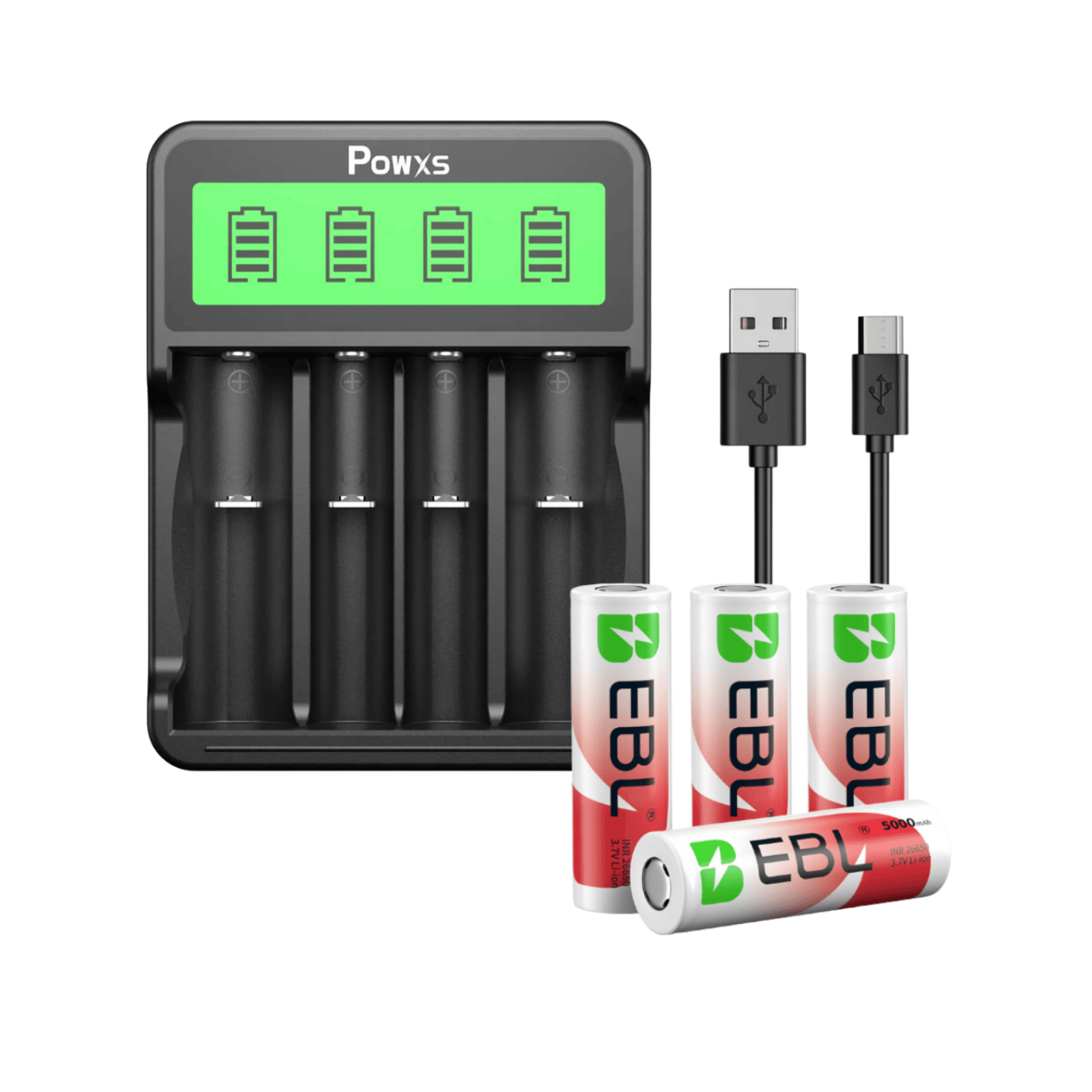 POWXS SW-4P Battery Charger with 26650 Li-ion Batteries
