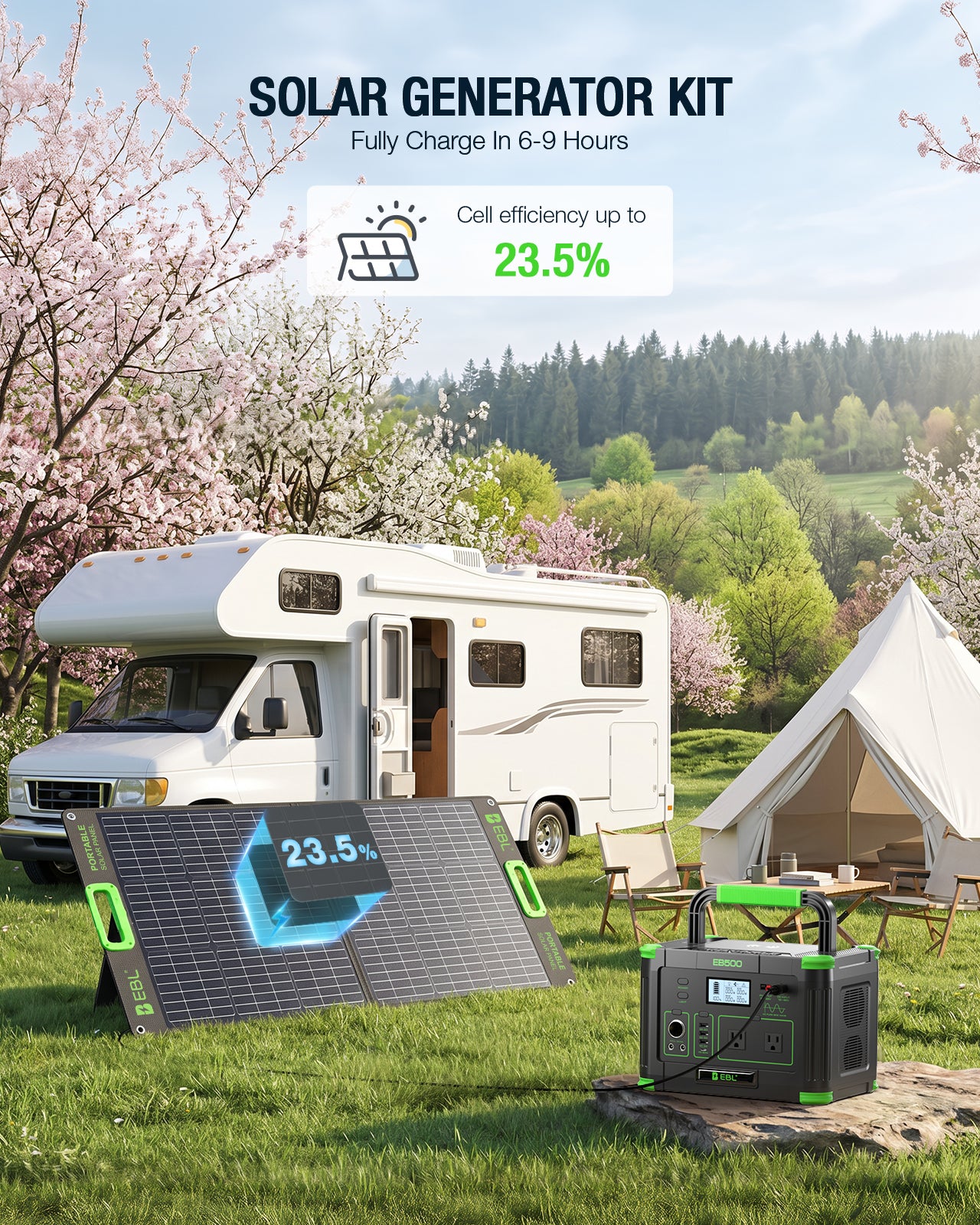 EBL 500W Portable Power Station with 100W Solar Panel, 519Wh Solar Generator, Pure Sine Wave AC Outlet, Portable Battery Backup for Camping, RV, Home Emergency & Outdoor Adventures