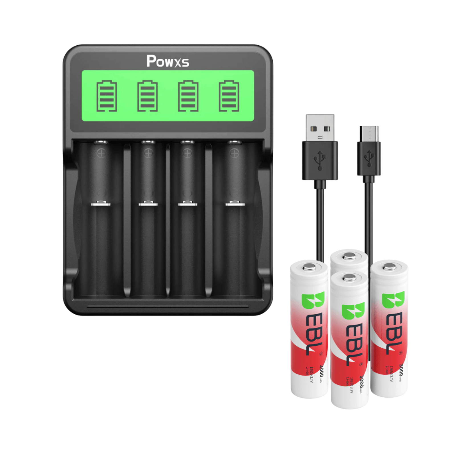 POWXS SW-4P Battery Charger with 18650 Li-ion Batteries