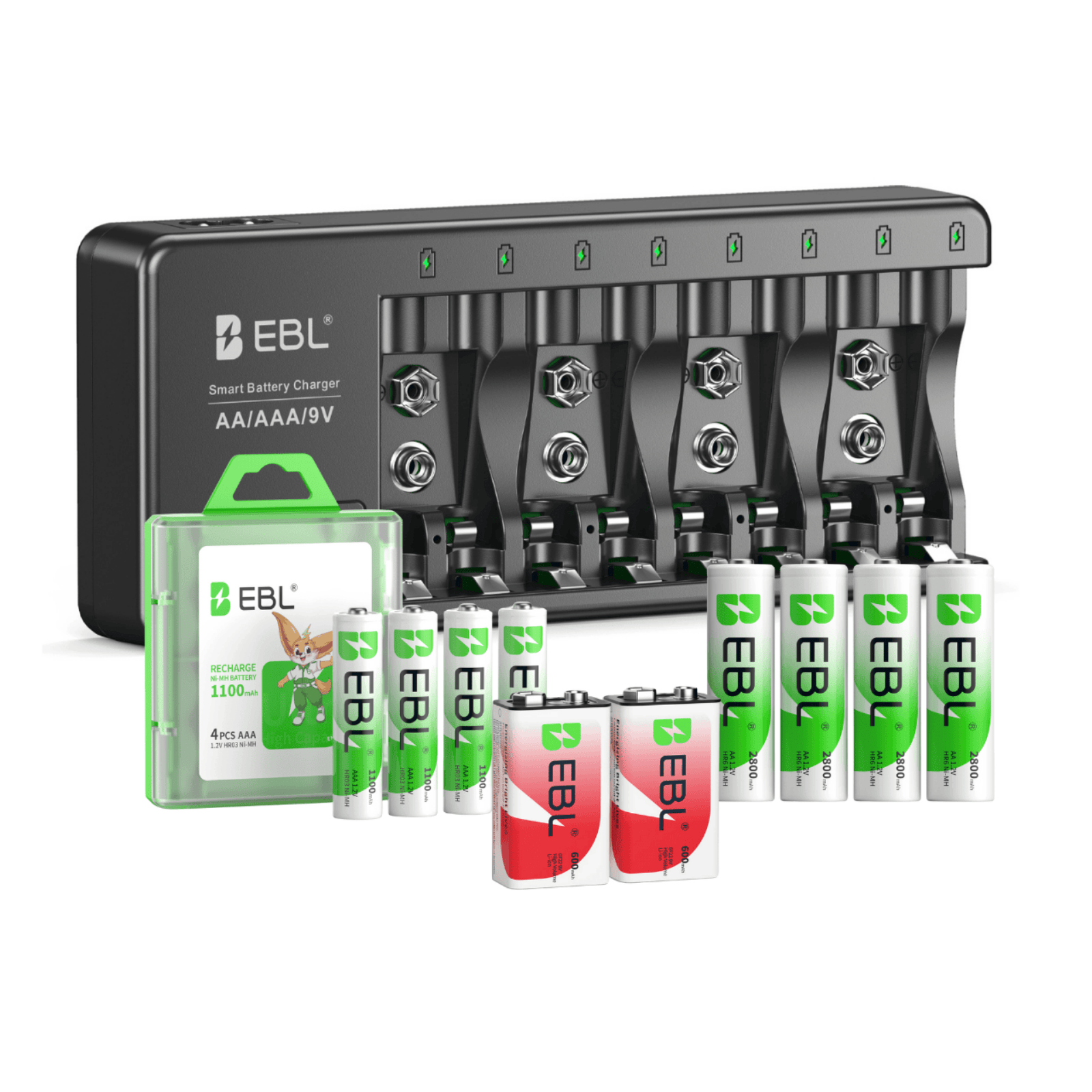 EBL AA AAA 9V Individual Battery Charger with AA AAA 9V Batteries