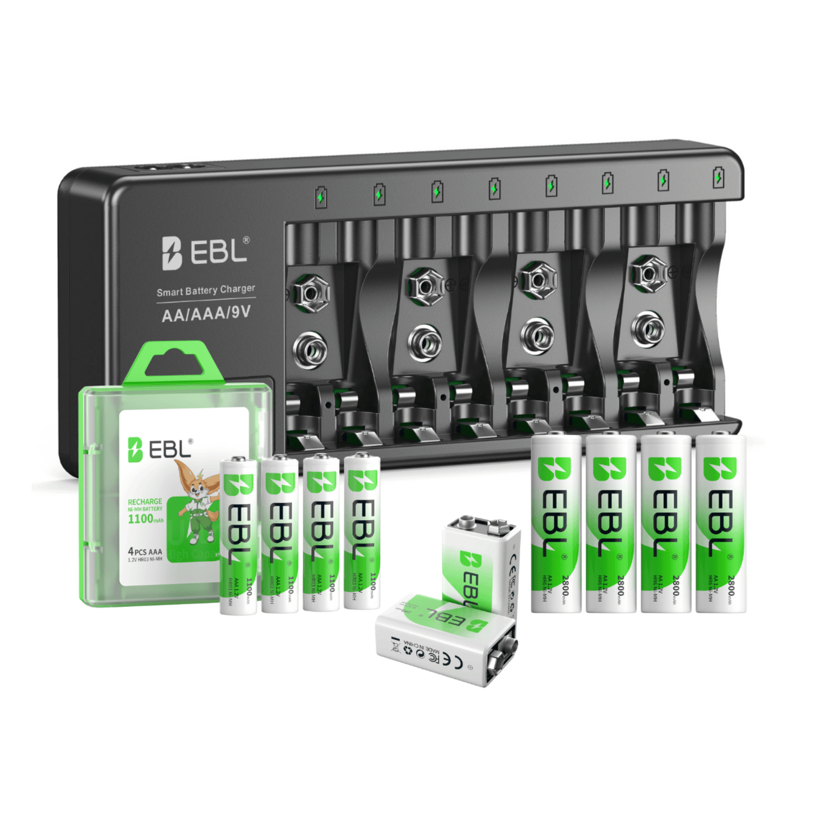 EBL AA AAA 9V Individual Battery Charger with AA AAA 9V Batteries