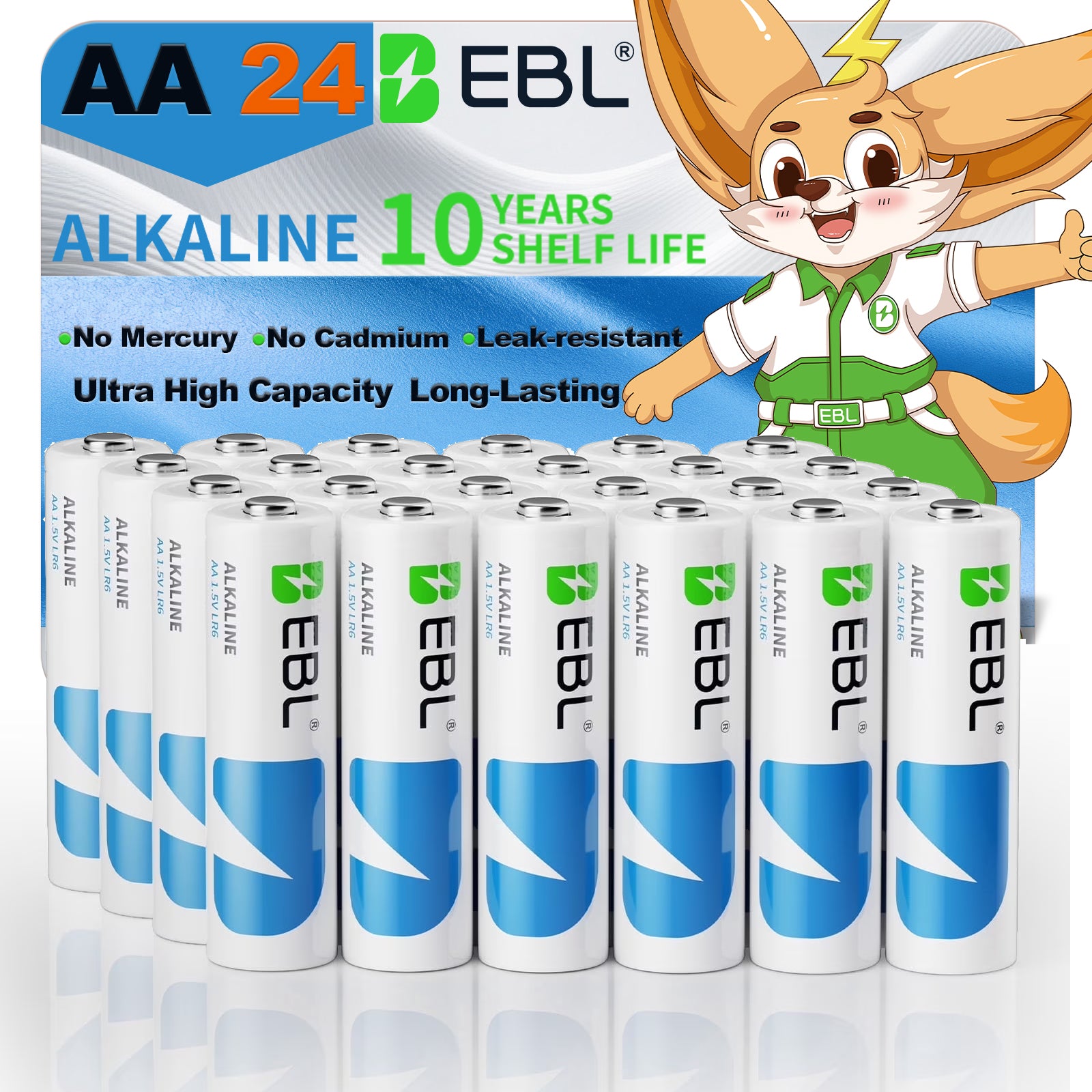 EBL 1.5 Volts Alkaline AA Batteries 24 Pack, Leak-Proof, CE and ROHS certified, Ultra High Capacity Power Long-Lasting 1.5V Double A Battery for Household & Office Use, No Mercury, 10-Year Shelf Life