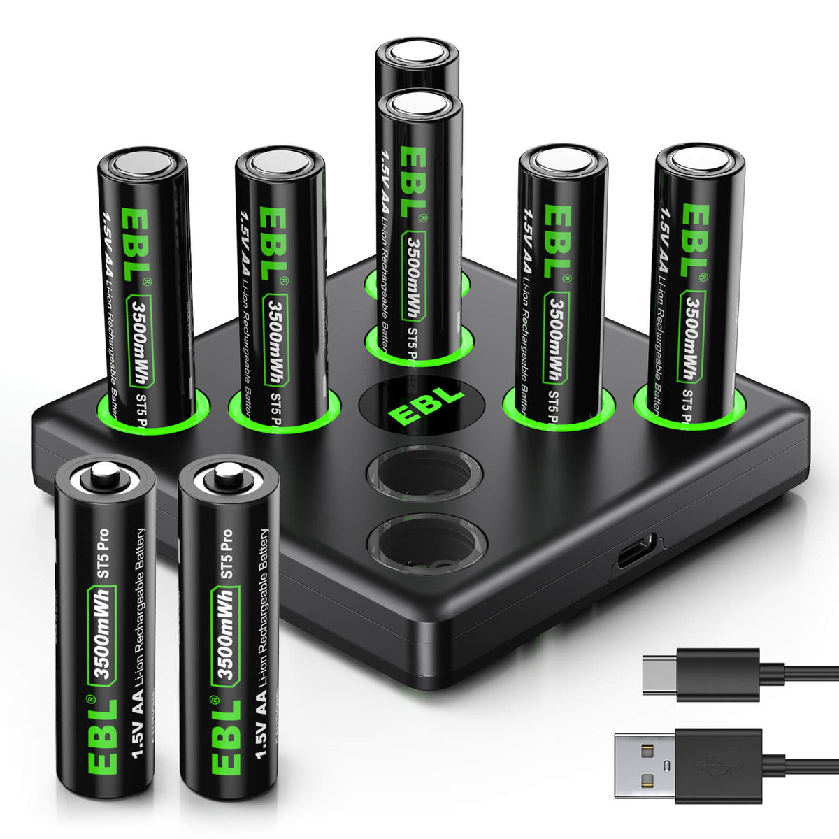 best rechargeable lithium ion 2aa batteries and charger for flashlights EBL 8-Pack 1.5V Rechargeable Lithium AA Battery 3500mWh with Charger