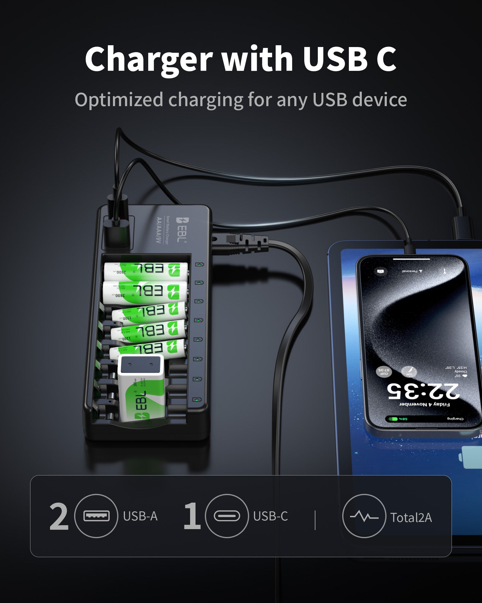 EBL Individual Battery Charger with USB C Output