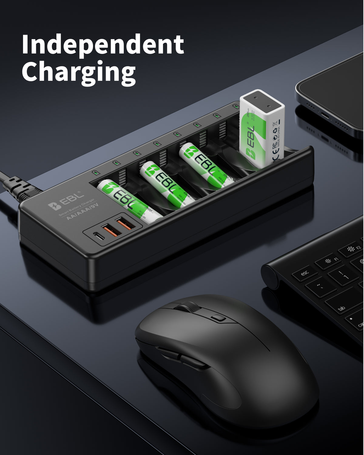 Individual Battery Charger with AA AAA 9V Rechargeable Batteries