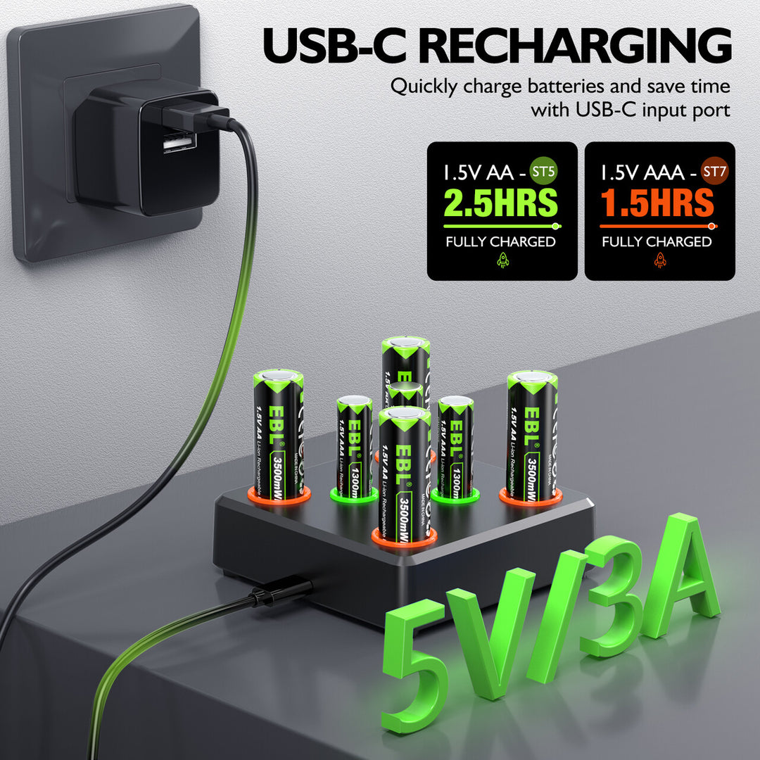 EBL 8-Bay Lithium Ion Charger With AA AAA Rechargeable Battery Set