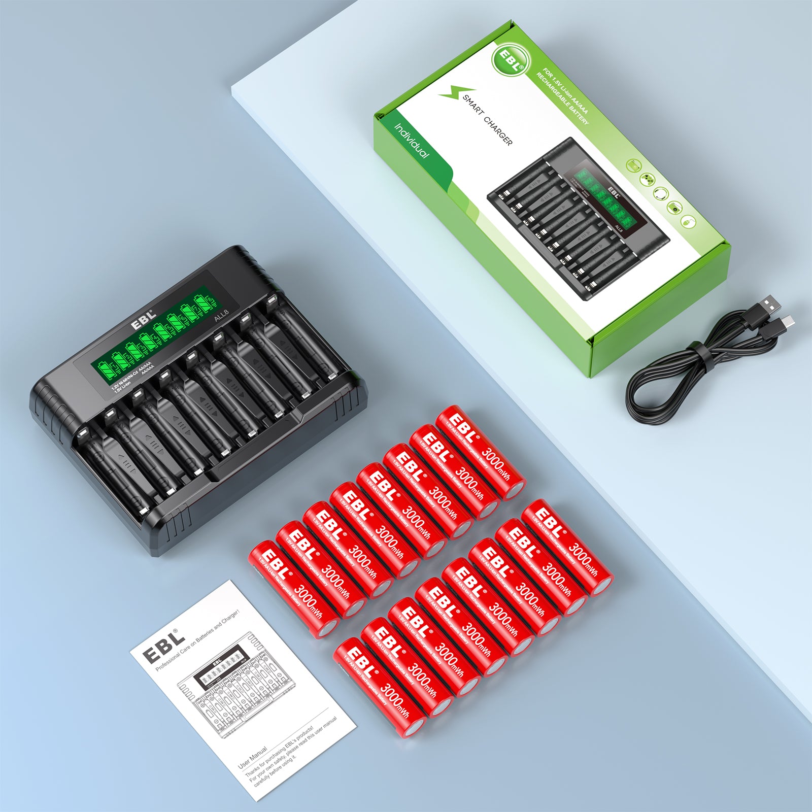 EBL Rechargeable Lithium AA Batteries 16 Pack, 3000mWh 1.5V Double A Battery 8-Bay AA AAA Individual Battery Charger