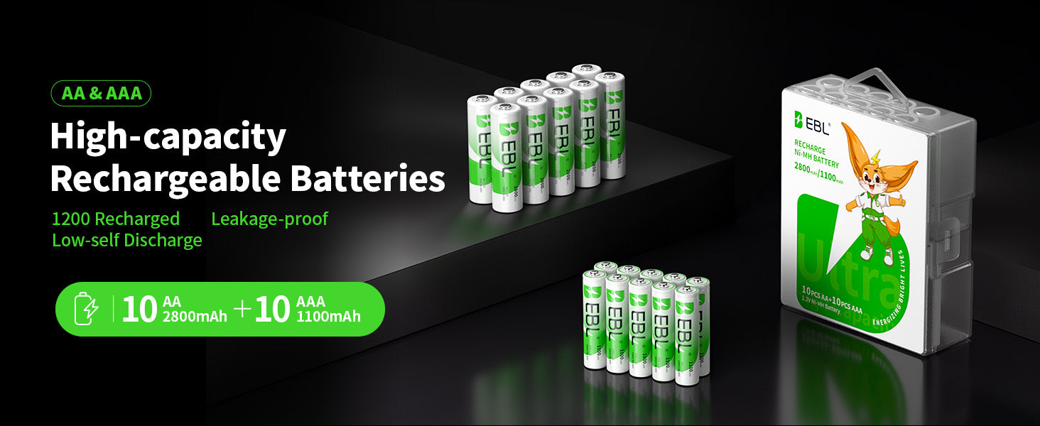 EBL 10 Pack AA 2800mAh and AAA 1100mAh Rechargeable Batteries Combo