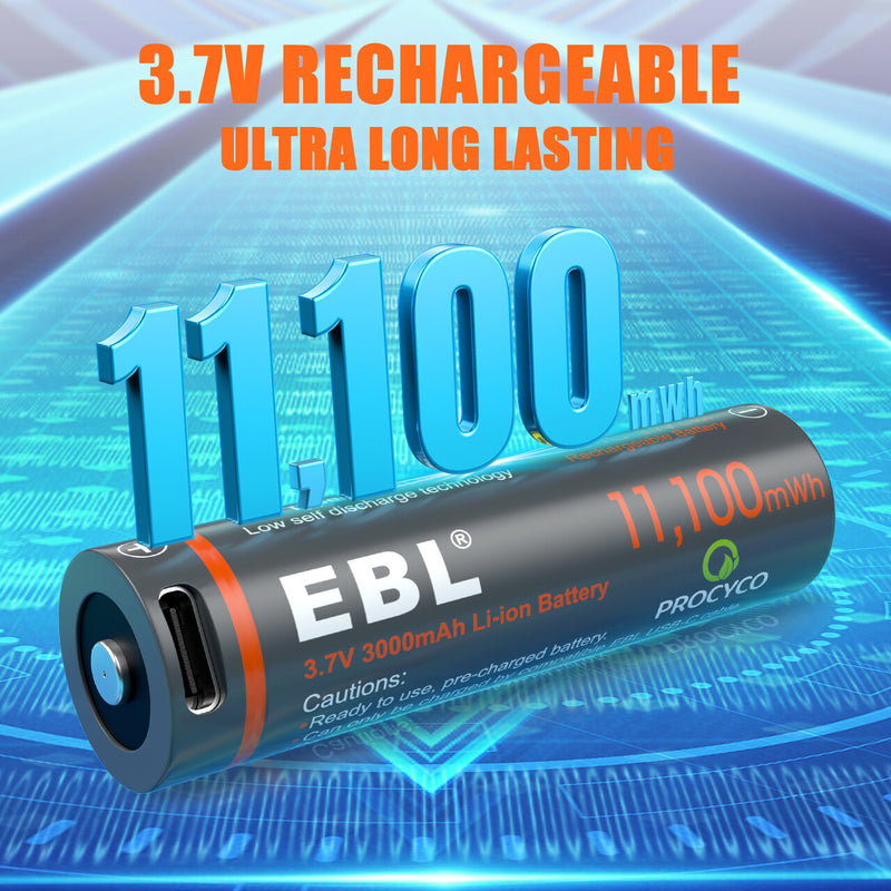 EBL 3.7V Rechargeable Batteries 3000mAh with USB Charging