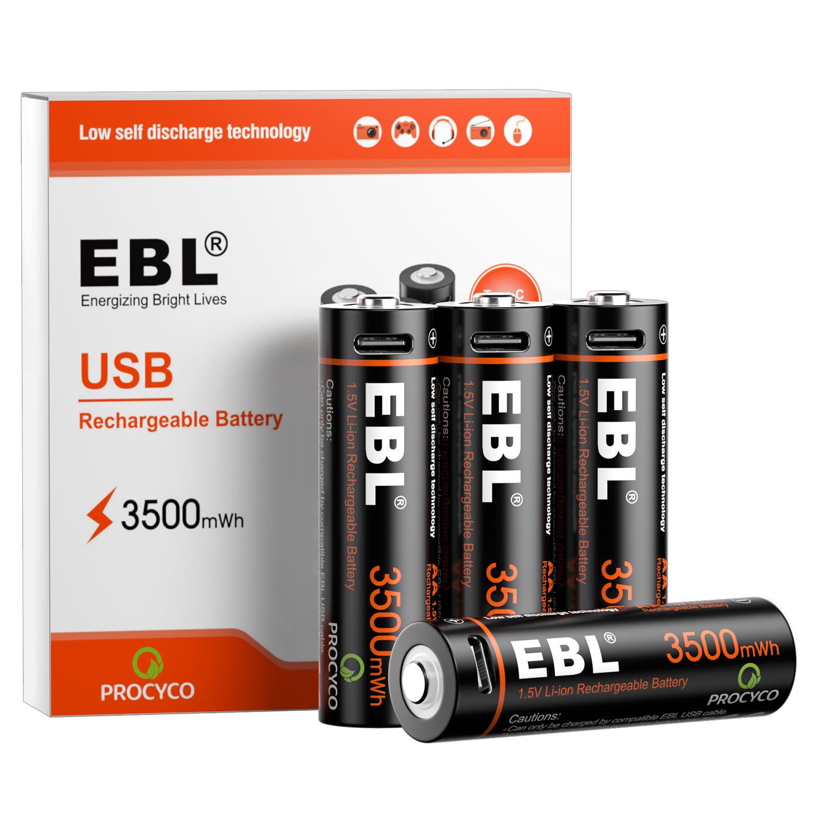 EBL 4Pcs 1.5V Lithium AA Batteries 3500mWh with USB-C Cable