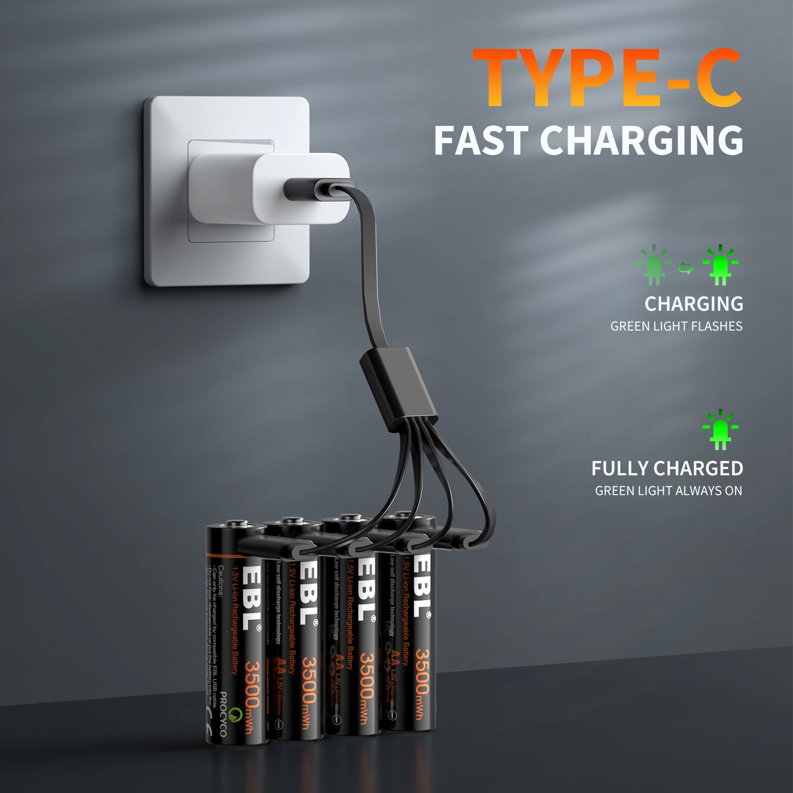 EBL 4Pcs 1.5V Lithium AA Batteries 3500mWh with USB-C Cable