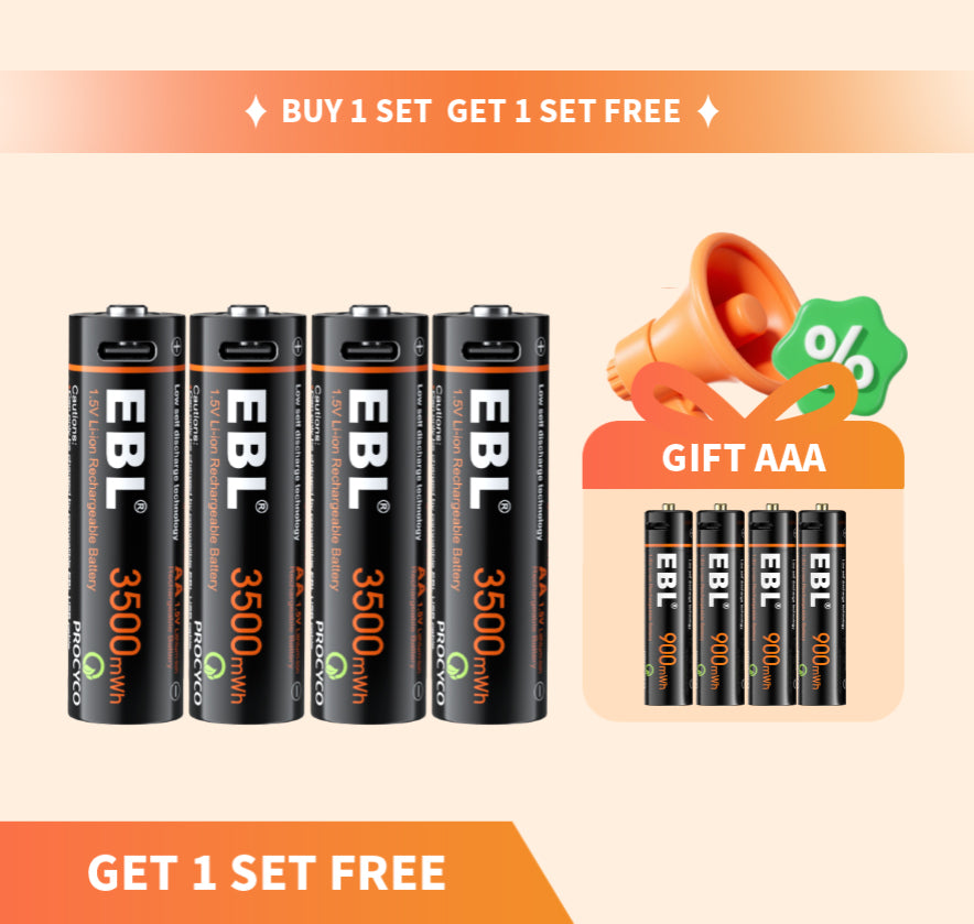 【Buy One Get One】EBL USB Rechargeable AA AAA Li-ion Batteries