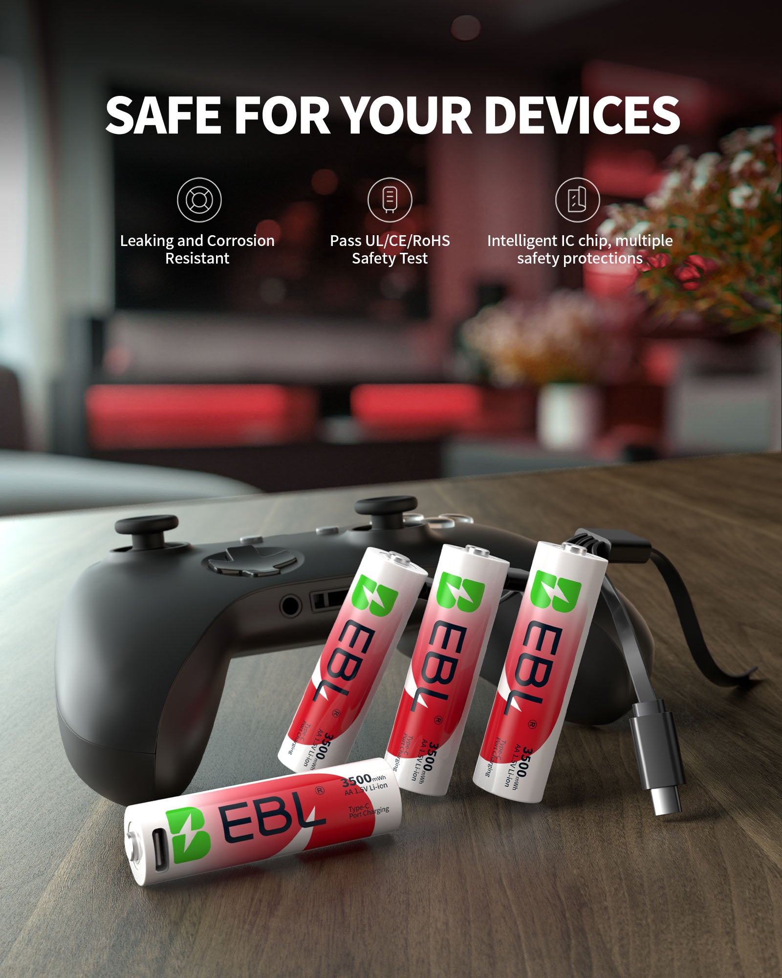 EBL Rechargeable Lithium AA Batteries 3500mWh (4 Pack) with USB-C Charging Cable, Fast Charging AA Batteries for Blink Camera, Xbox Controller, Smart Lock, Flashlight, Toys & High-Drain Devices