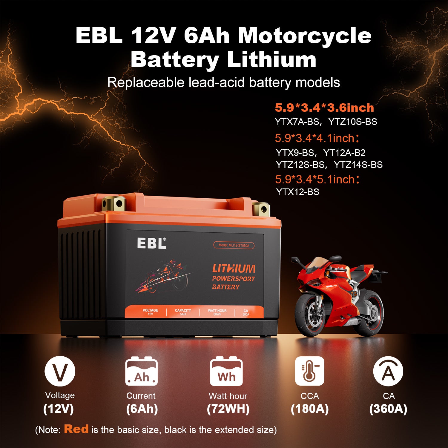 EBL 12V 6Ah LiFePO4 Motorcycle Battery, 180 CCA 360 CA Lithium Starter Battery, YTX7A-BS Replacement for ATV, UTV, Motocross, Dirt Bike, Snowmobile & Jet Ski