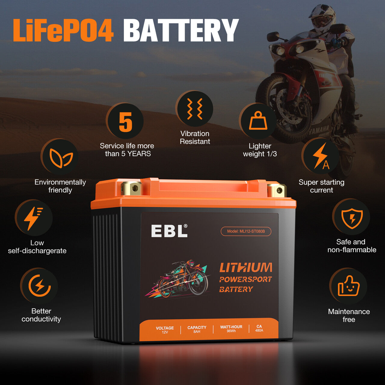 EBL Lithium Motorcycle Battery 12V-8Ah