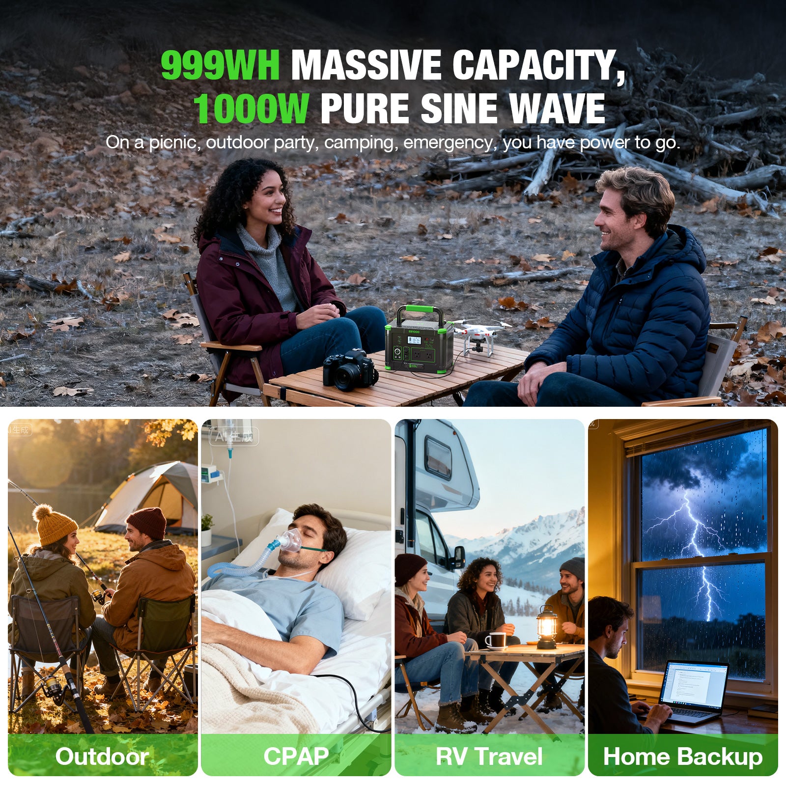 EBL 1000W Portable Power Station Voyager, 999Wh Solar Generator with AC Outlets, USB-C PD & Pure Sine Wave for Camping, RV, Power Outages & Off-Grid Living