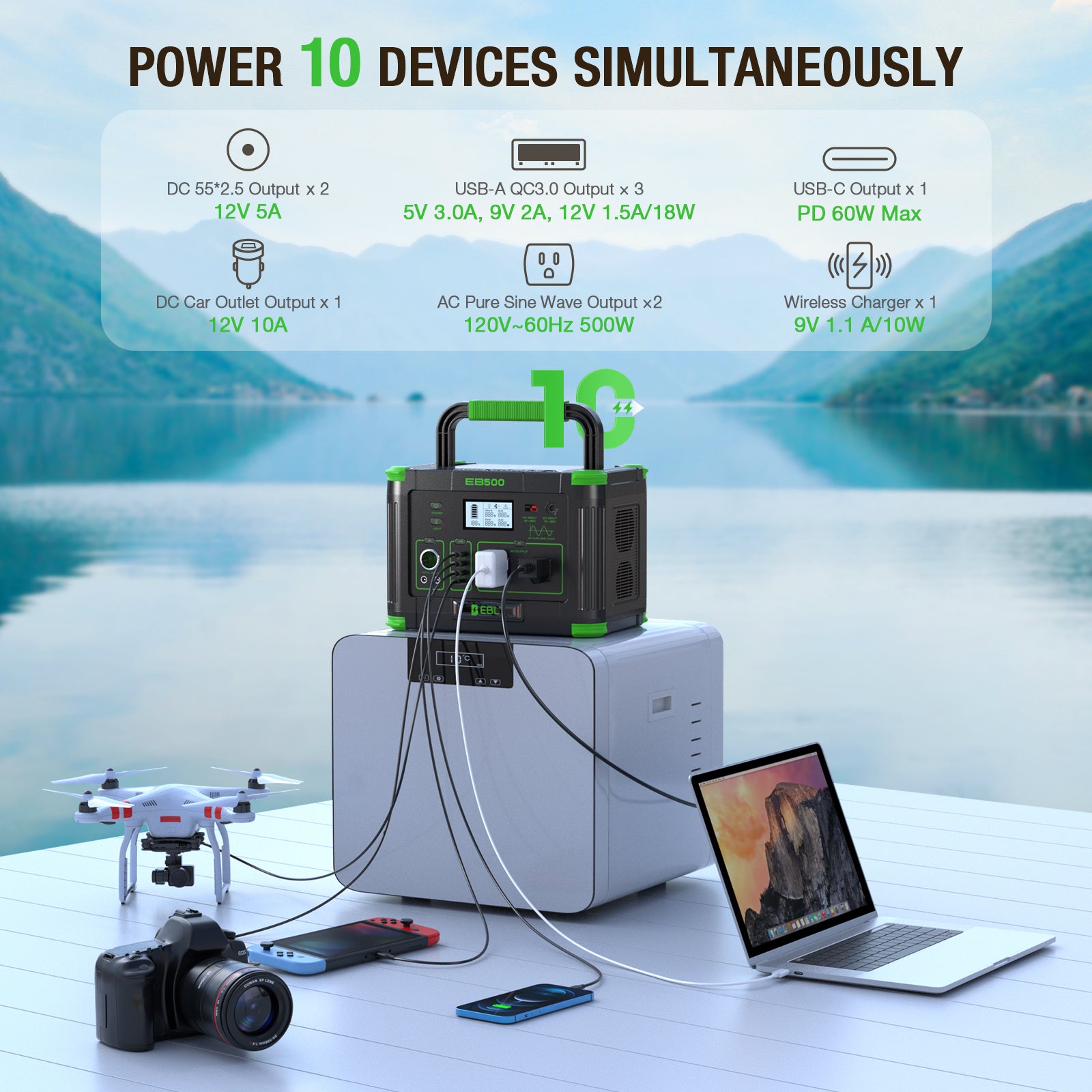 EBL 500W Portable Power Station, 519Wh Pure Sine Wave Solar Generator with 10-Device Output for Camping, RV, Road Trips, Outdoor Adventures, Power Outages & Home Emergency Backup