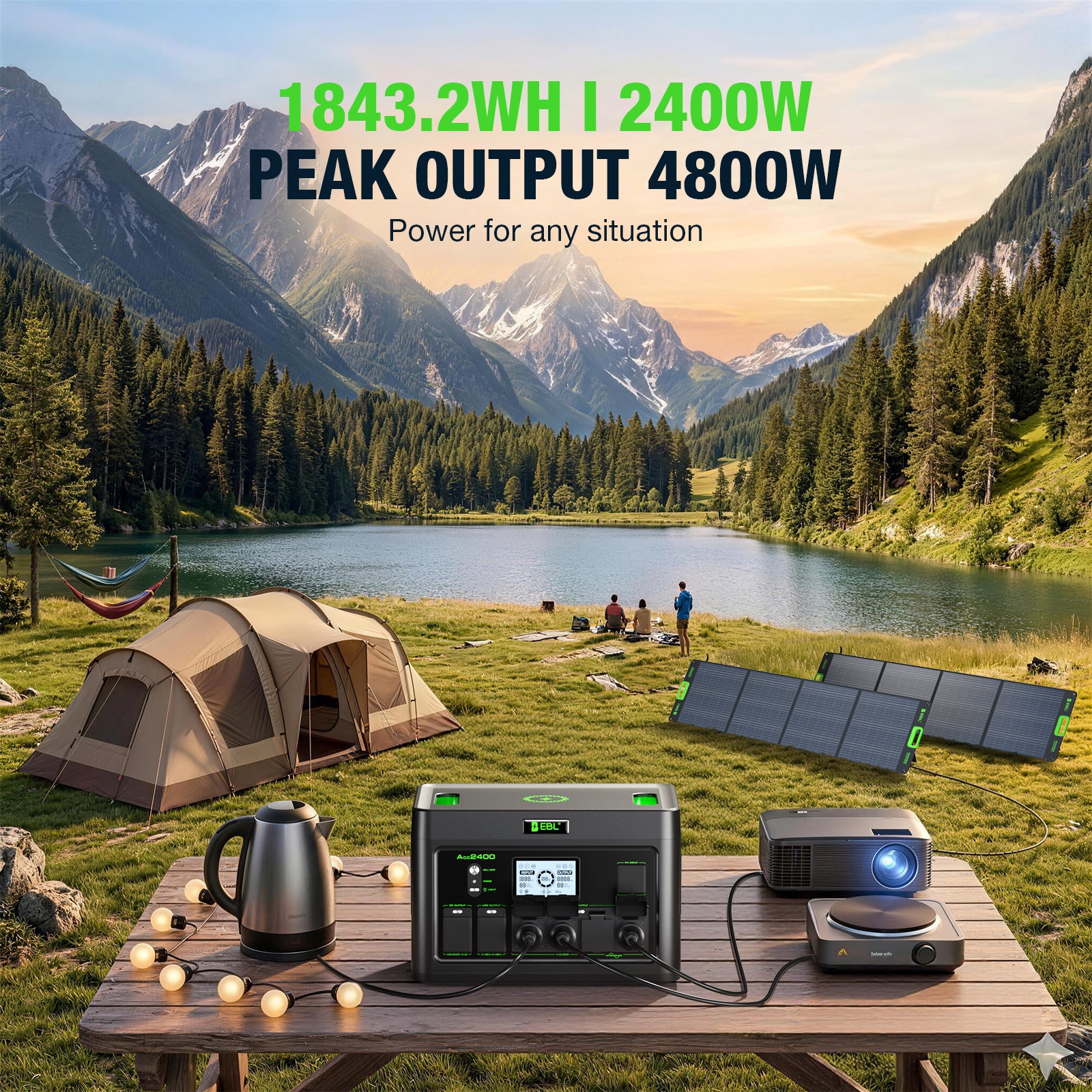 EBL Portable Power Station 2400W with 200W Portable Solar Panel Bundle, Solar Generator for Home Backup, RV, Camping & Off-Grid Power