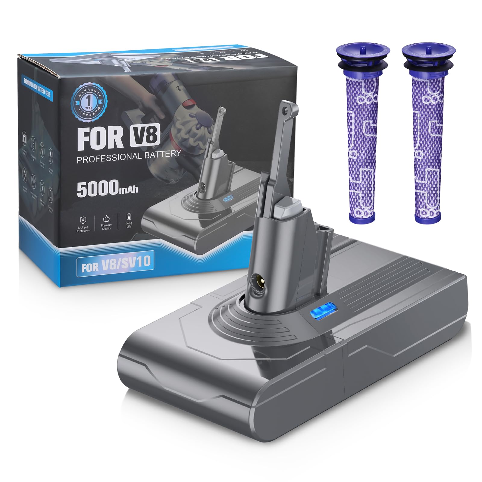 Dyson V8 Replacement Battery 5.0Ah 21.6V with 2 Filters