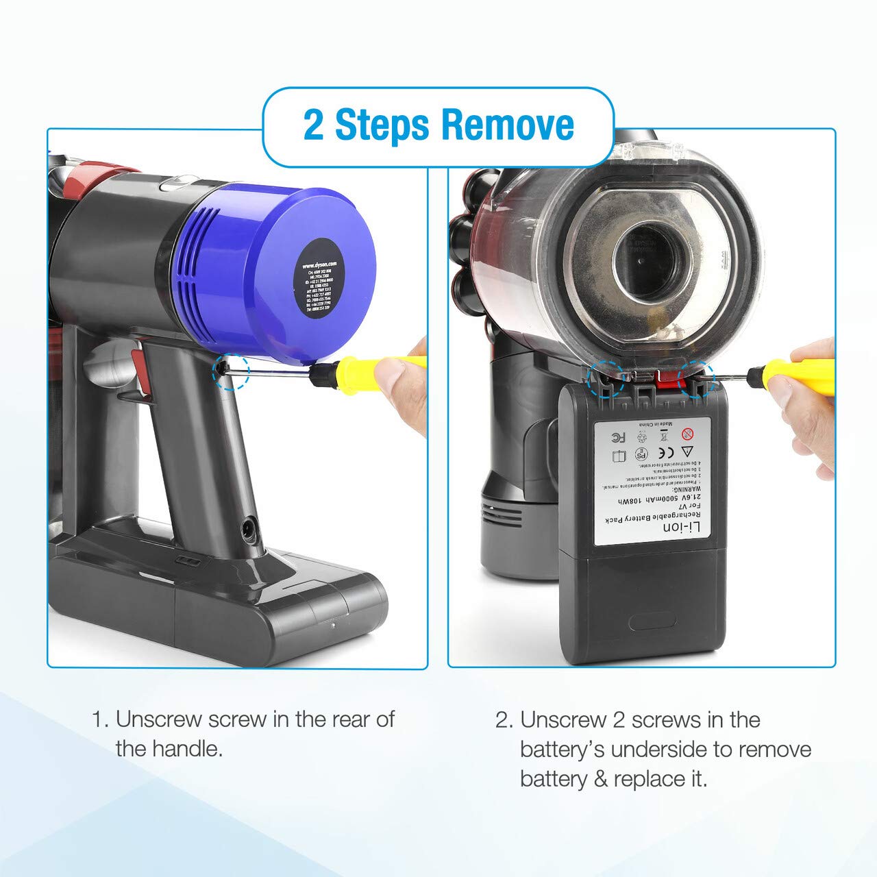 Dyson V8 Replacement Battery 5.0Ah 21.6V with 2 Filters