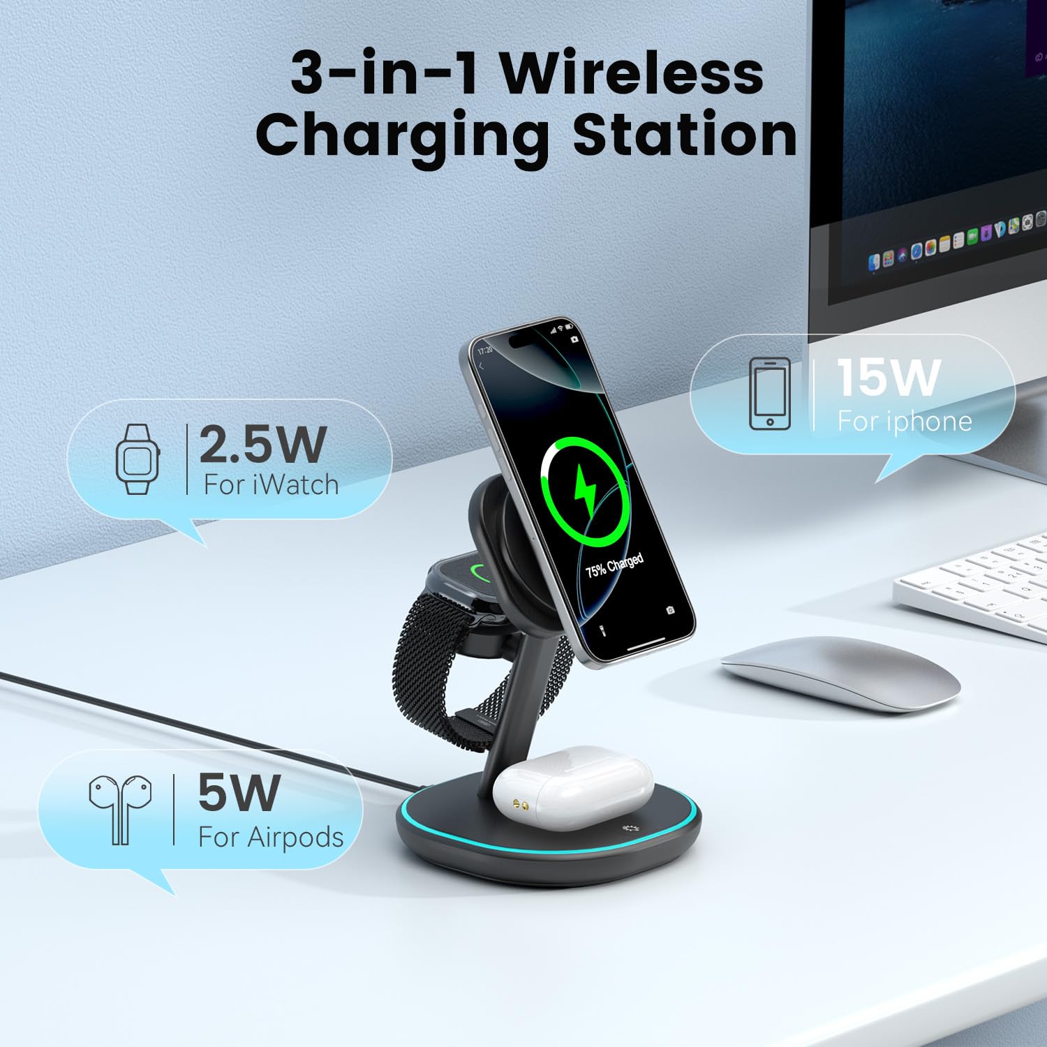 3-in-1 2X Faster 15W Wireless Charging Station for iPhone 16/15/14/13/12