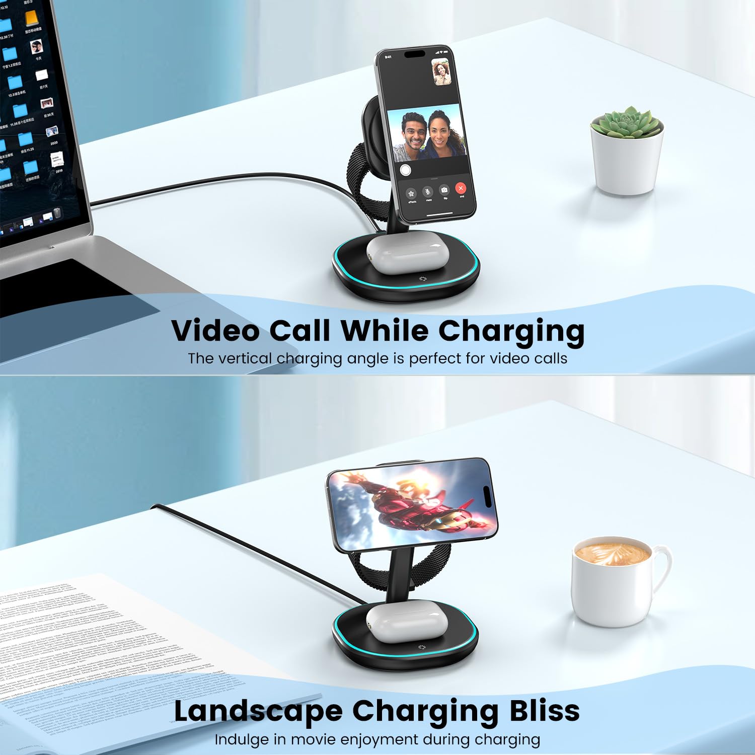 3-in-1 2X Faster 15W Wireless Charging Station for iPhone 16/15/14/13/12