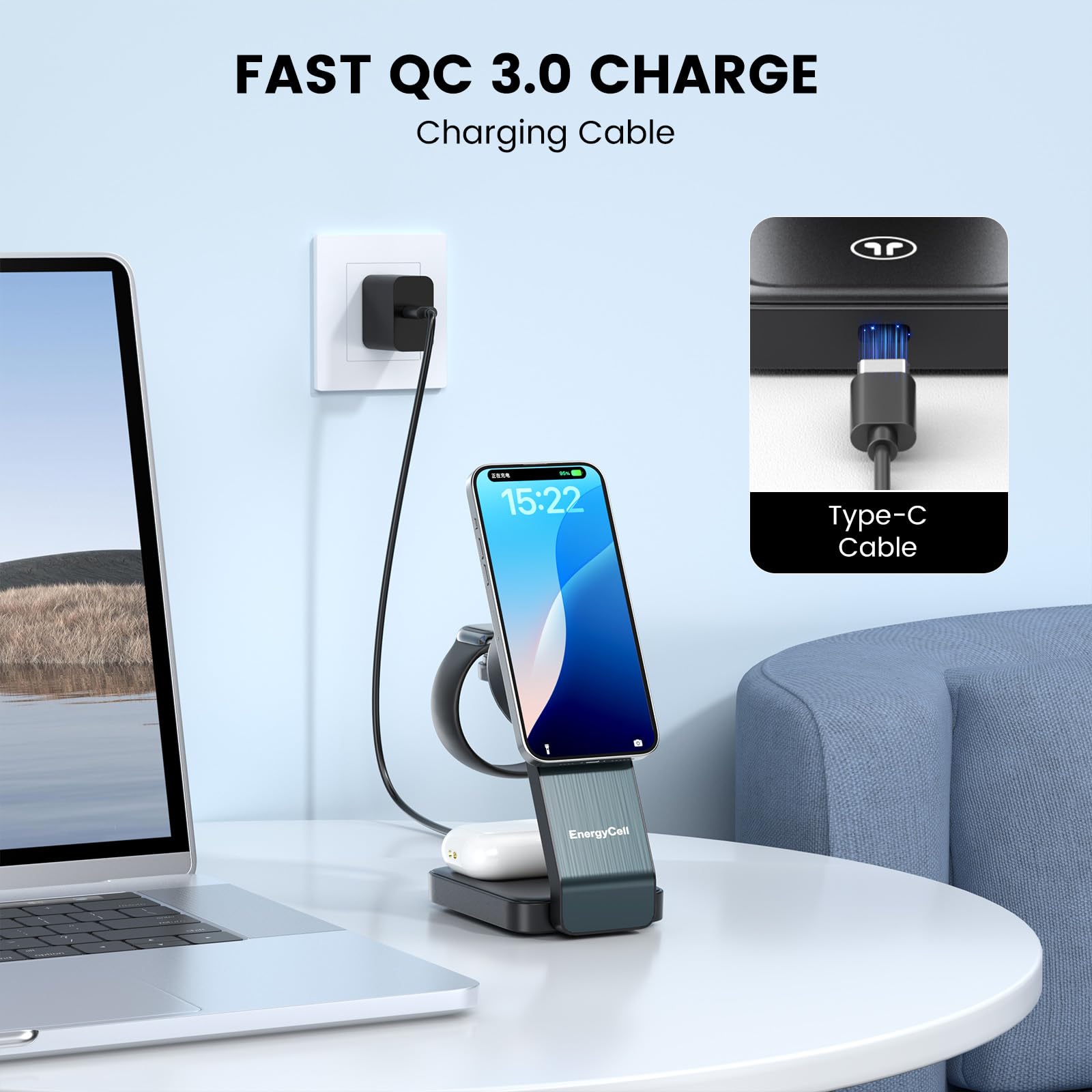 3 in 1 Mag-Safe Charger 15 W Wireless Charging Station for Apple Devices