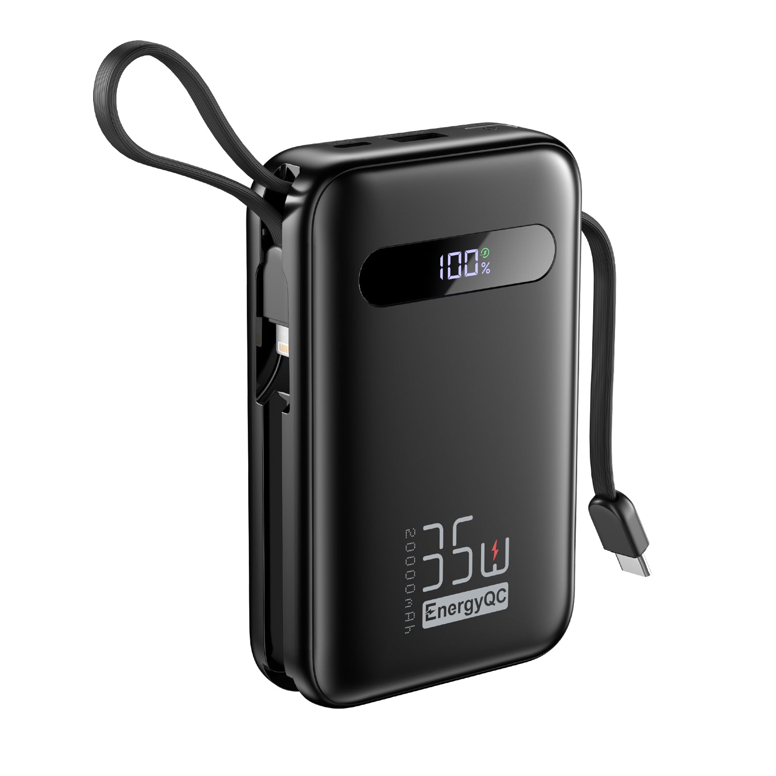 EnergyQC 20000mAh 35W Portable Power Bank – Fast USB-C PD Charger with Built-in Cables & LED Display
