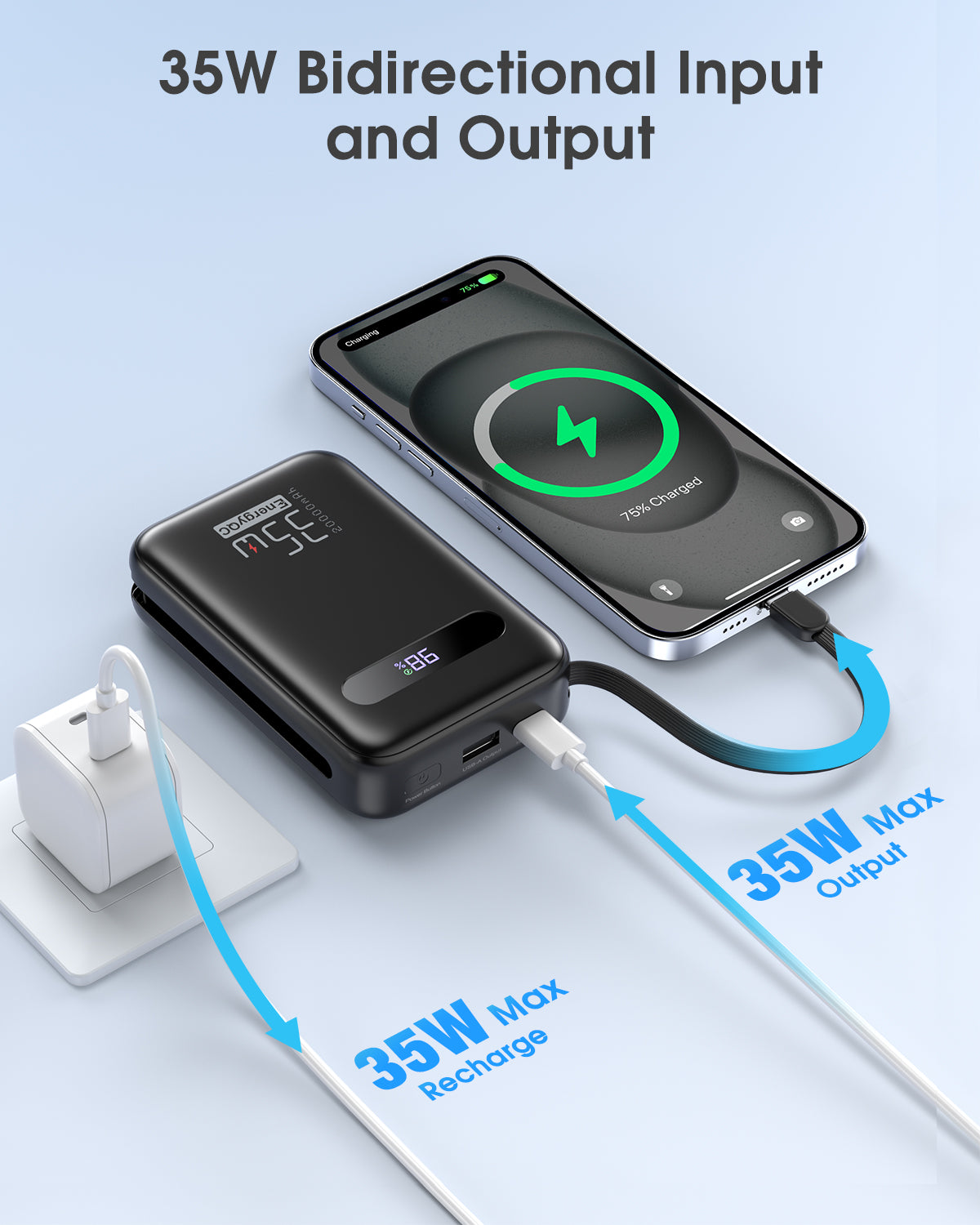 EnergyQC 20000mAh 35W Portable Power Bank – Fast USB-C PD Charger with Built-in Cables & LED Display