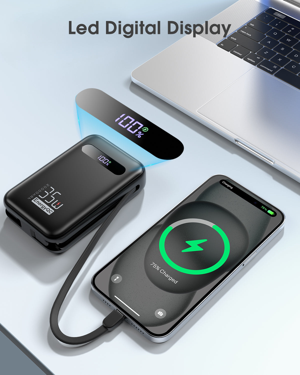 EnergyQC 20000mAh 35W Portable Power Bank – Fast USB-C PD Charger with Built-in Cables & LED Display