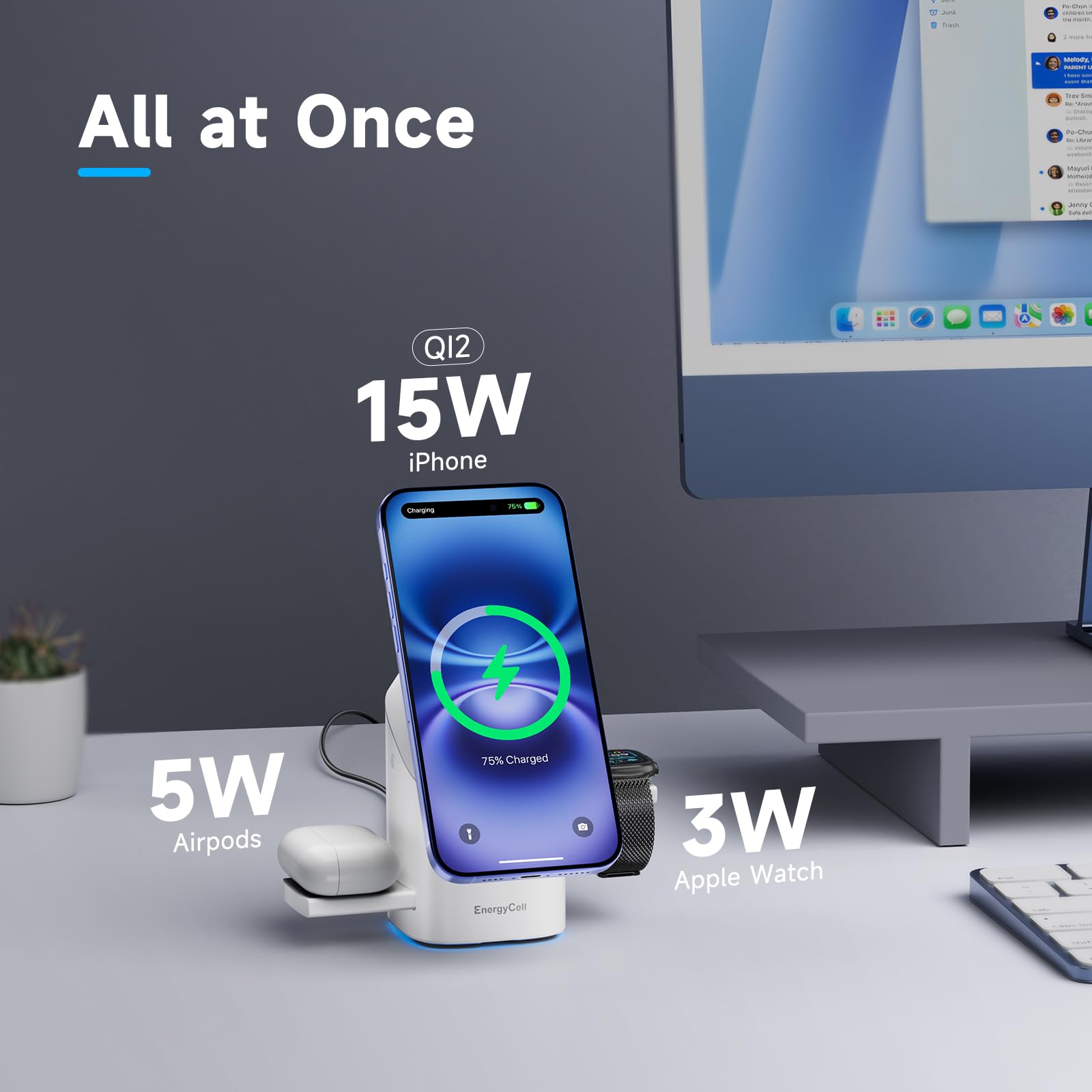 Rotating Wireless Charger, Qi2 Certified 2X Faster 15W for iPhone Charging Station 16/15/14/13/12