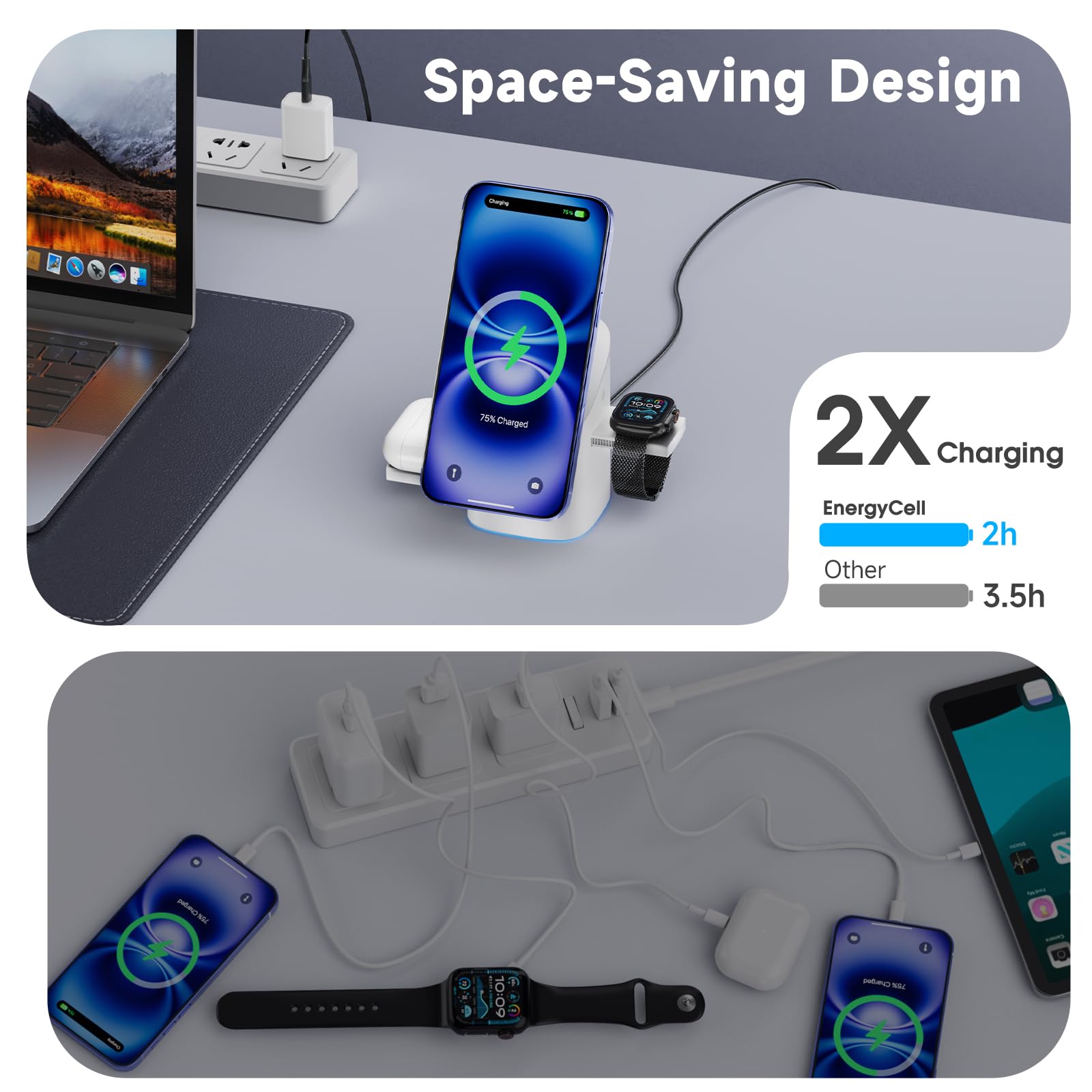 Rotating Wireless Charger, Qi2 Certified 2X Faster 15W for iPhone Charging Station 16/15/14/13/12