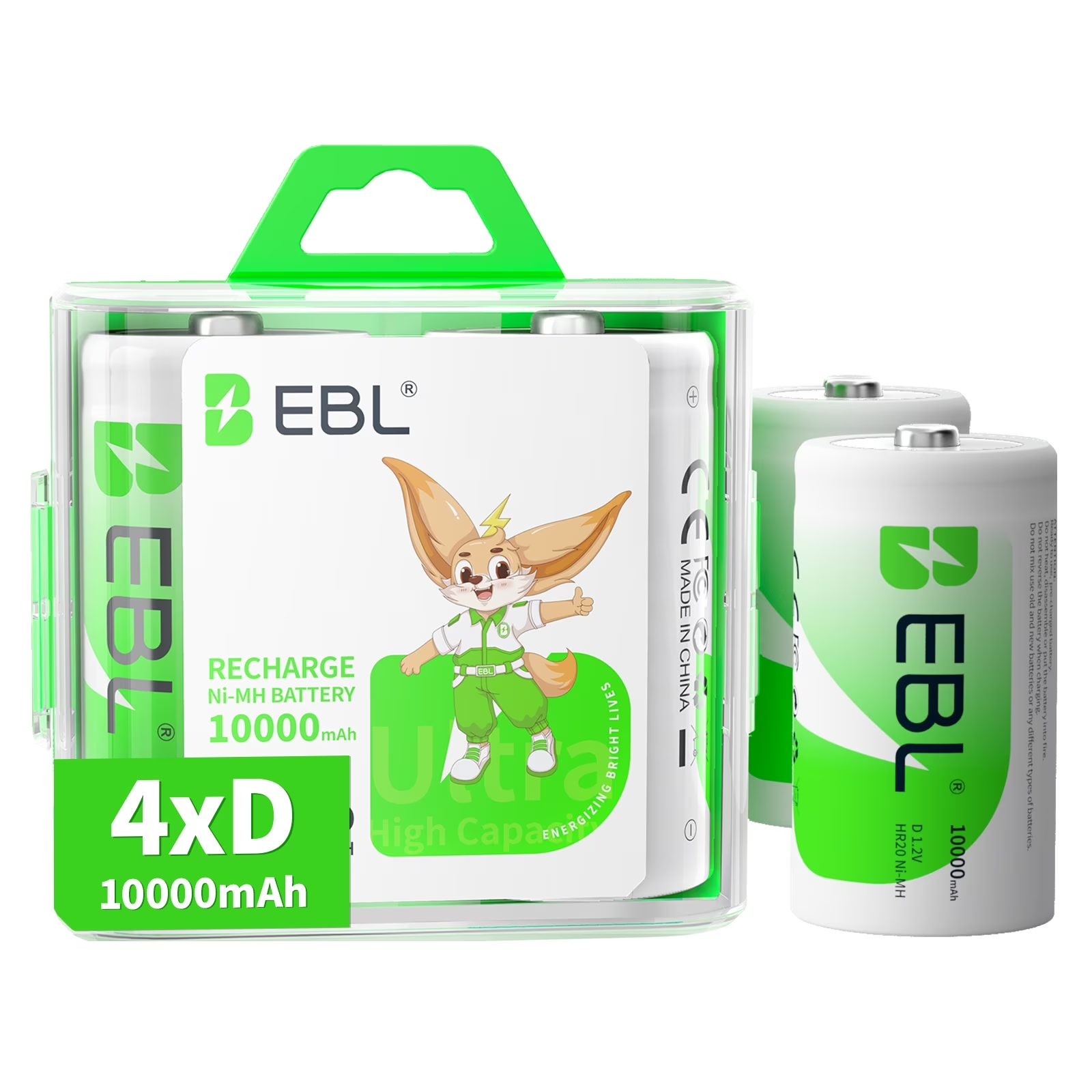 EBL D Size Rechargeable Batteries D Cell 10000mah NiMH Battery, 4 Counts 1.2V