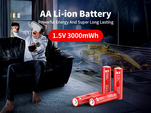 Person playing video games with VR headset and controller, EBL AA Li-ion batteries displayed.