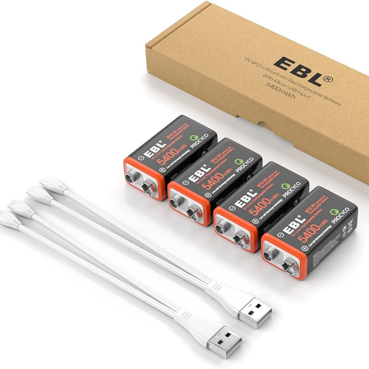 EBL USB Rechargeable 9V Lithium Batteries 5400mWh - Charging Cable Upgraded
